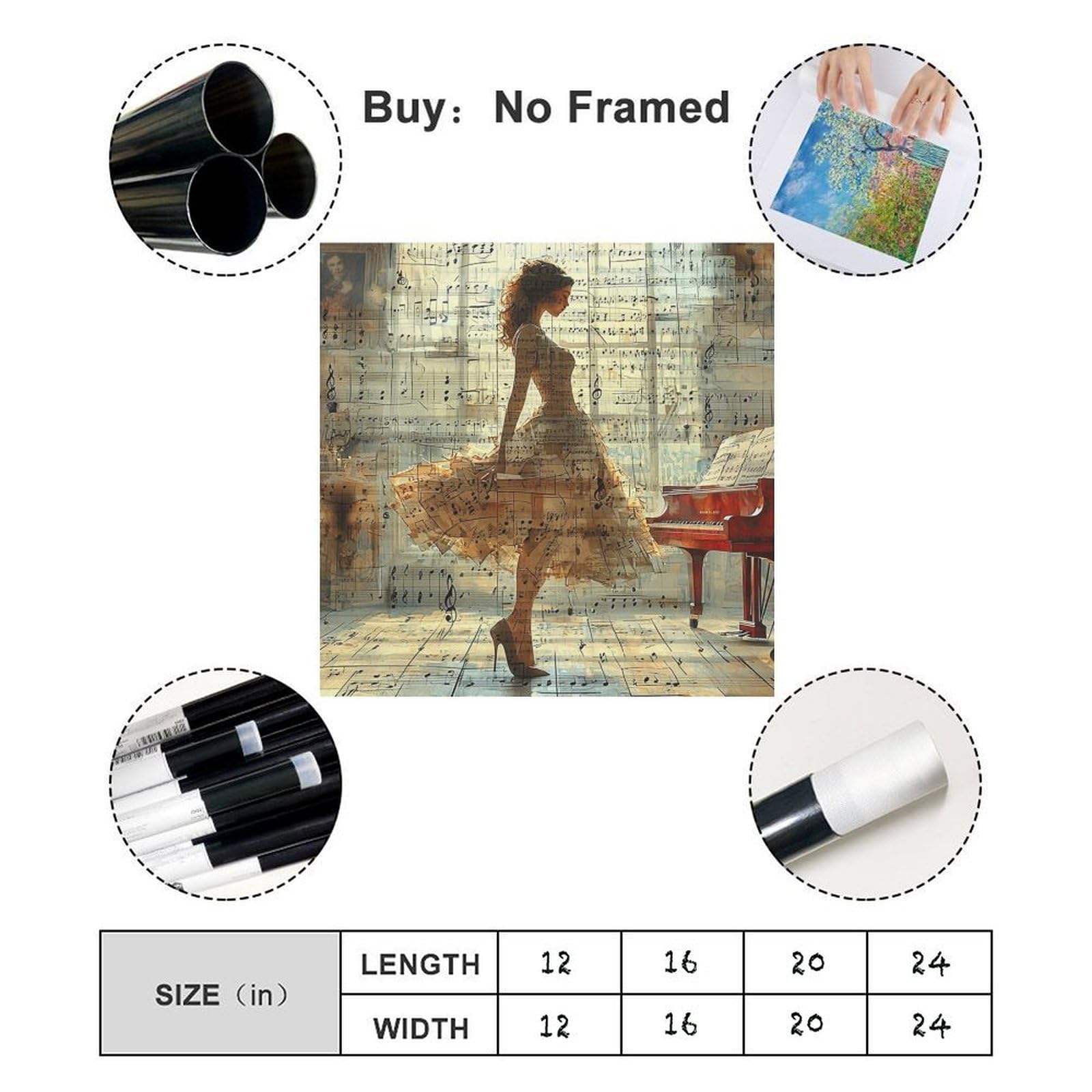 Decorazione da parete per sala musicale, poster con pianoforte e donna, poster su tela, decorazione per camera da letto, ufficio, stanza, regalo, 61 cm di lunghezza x 61 cm di larghezza