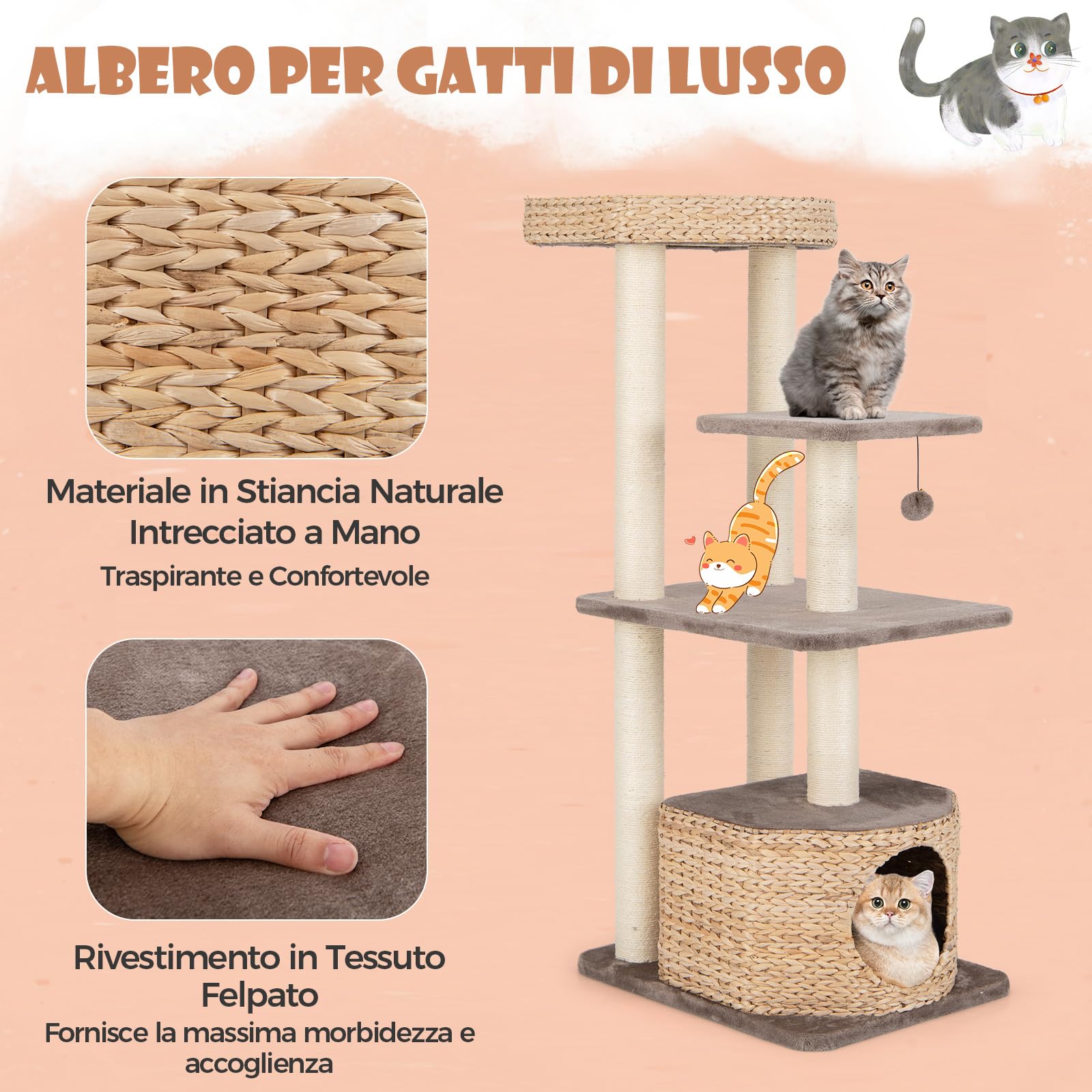 GYMAX Tiragraffi per Gatti, 60 x 48 x 131 cm, Intreccio a Mano di Giunco, Tronco in Sisal, Ideale per Gatti Grandi Adulti Medi Piccoli (Stile 7)