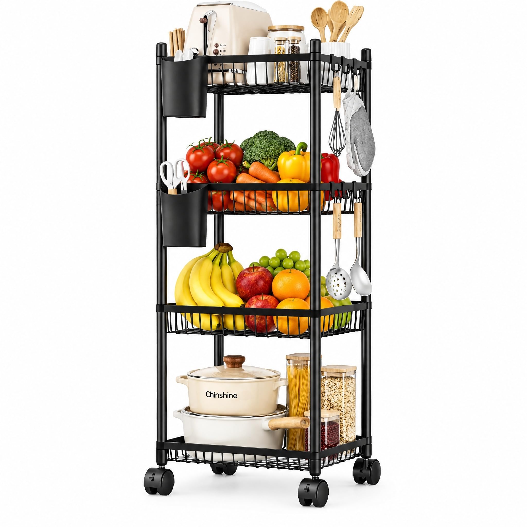 Storage Trolley on Wheels, Metal Kitchen Trolley, 4 Tier, Black