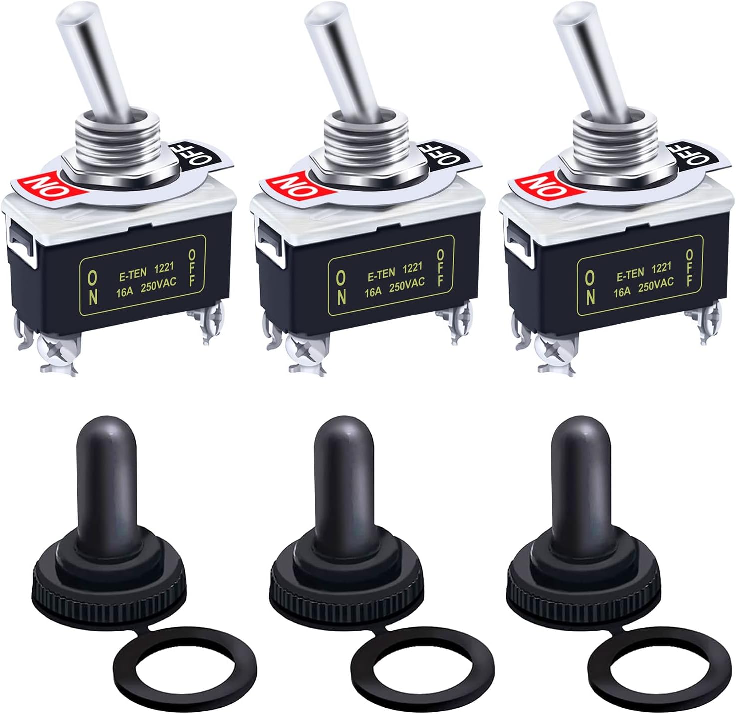 Twidec/3Pcs Heavy Duty Rocker Toggle Switch 16A 250V AC DPST 2 Position 4 Pin ON/Off Switch with Metal Bat Waterproof Boot Cap Cover Ten-1221-B201