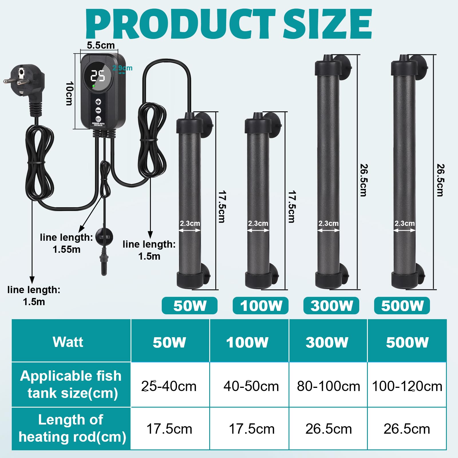 EXLECO Riscaldatore Acquario da 100 W Tubolare in Titanio con Controller a LED e Sensore di Temperatura, Riscaldatore per Acquario Pesce con Temperatura Regolabile, Adatto per Pesci Mini 30-50 Litri