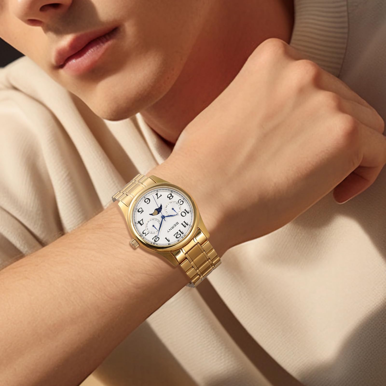 BERNY Orologio da uomo in oro con fasi lunari, orologio da polso al quarzo, multifunzione, facile da leggere, quadrante con numeri arabi, quadrante analogico, cassa in acciaio inox, sub-dail con data