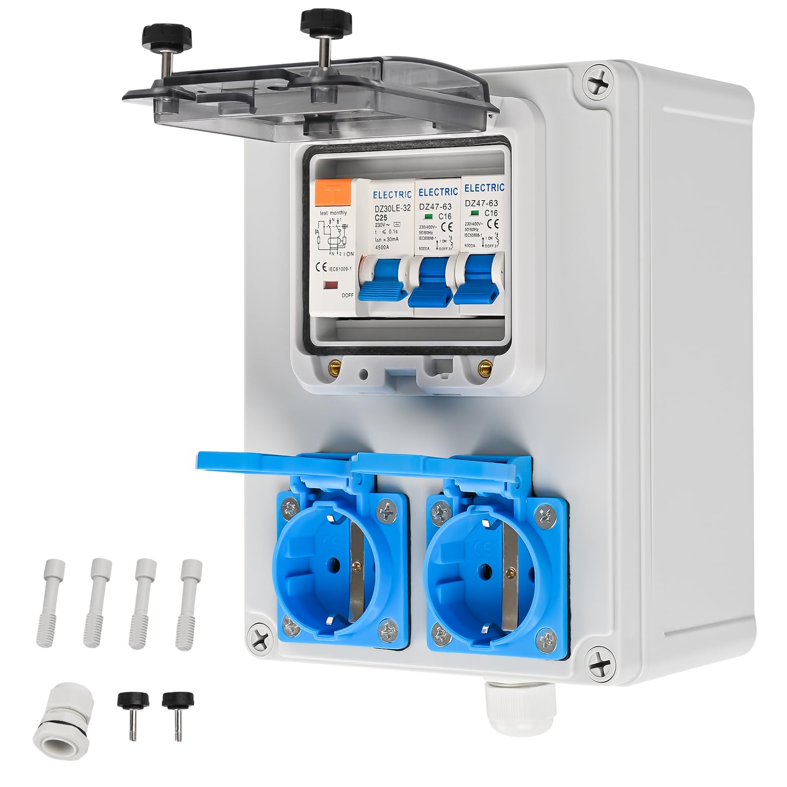 TEOV Coffret Électrique de Chantier Mural, 4 Prises 230V Pré-câblé avec 4 Disjoncteurs LS, IP65 Étanche, Répartiteur de Courant Robuste pour intérieur/extérieur Atelier, Chantier et Extérieur