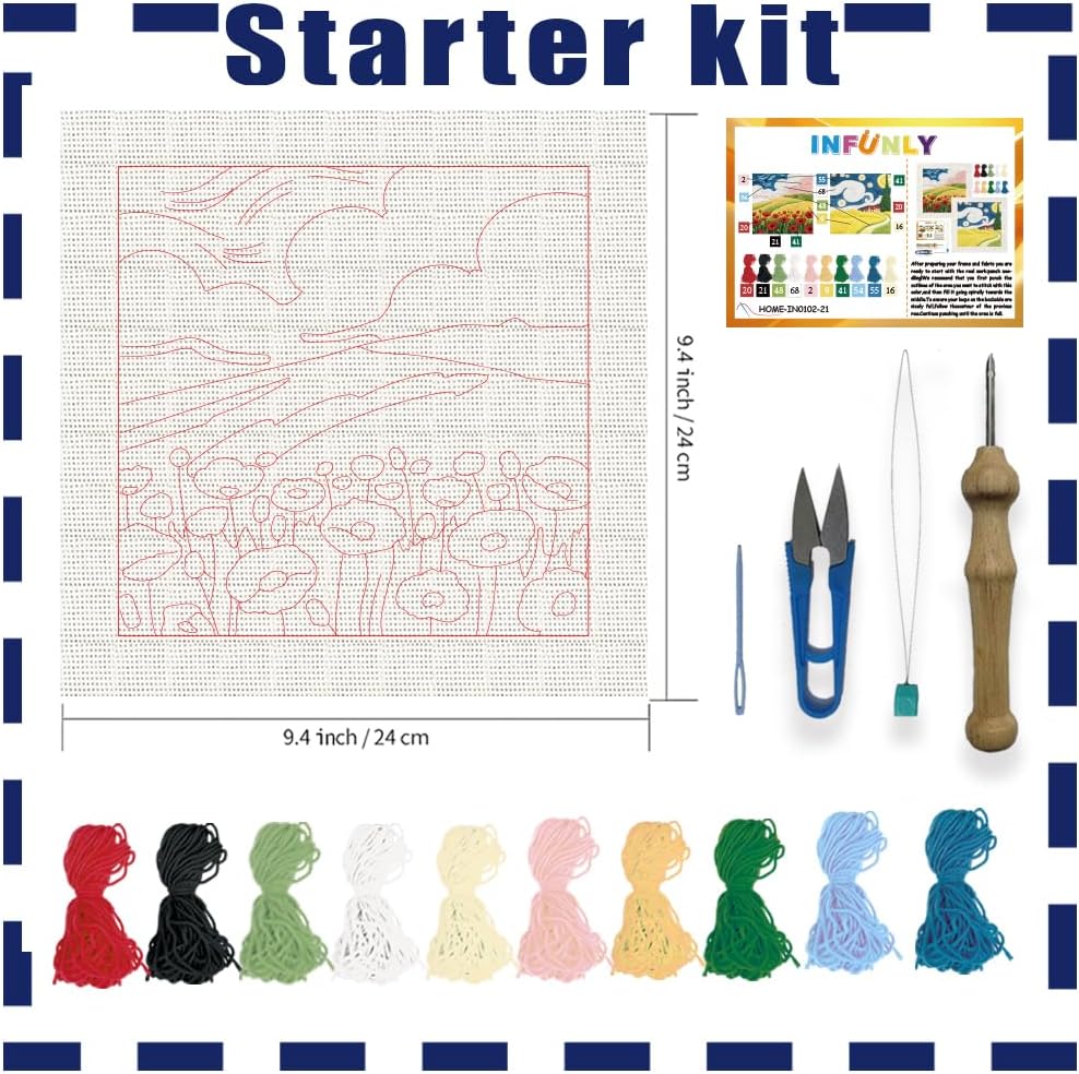 INFUNLY 2 Set Starry Sky Punch Needle Kit for Beginners Flowers Scenery Punch Needle Embroidery Kits for Adults Natural DIY Punch-Stitching Kit with Instruction Threader Needles Frame for Wall Decor