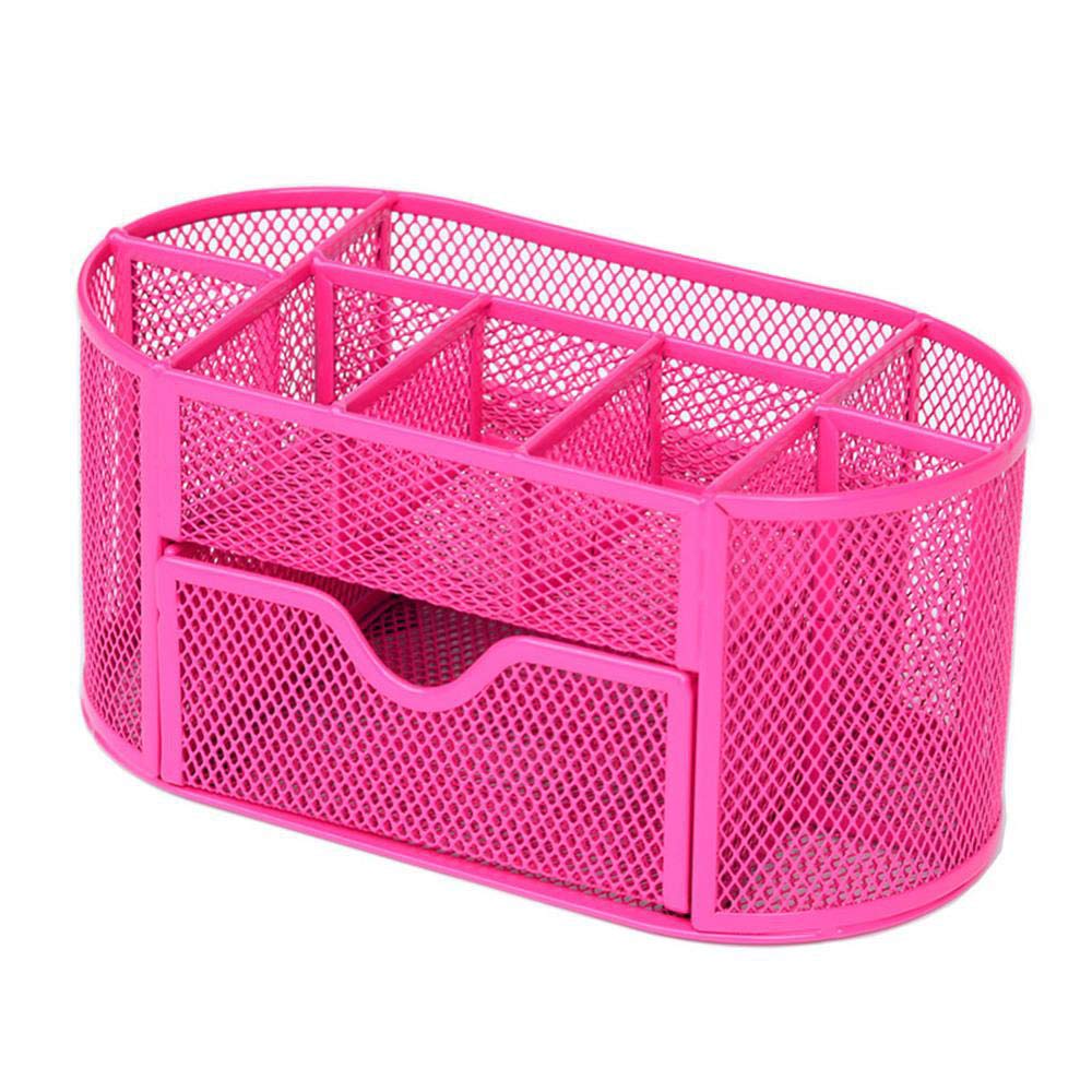 Organizador de escritorio (22 cm x 11 cm x 10,5 cm, con cajón, multiuso de metal para la escuela y el hogar (rosa)