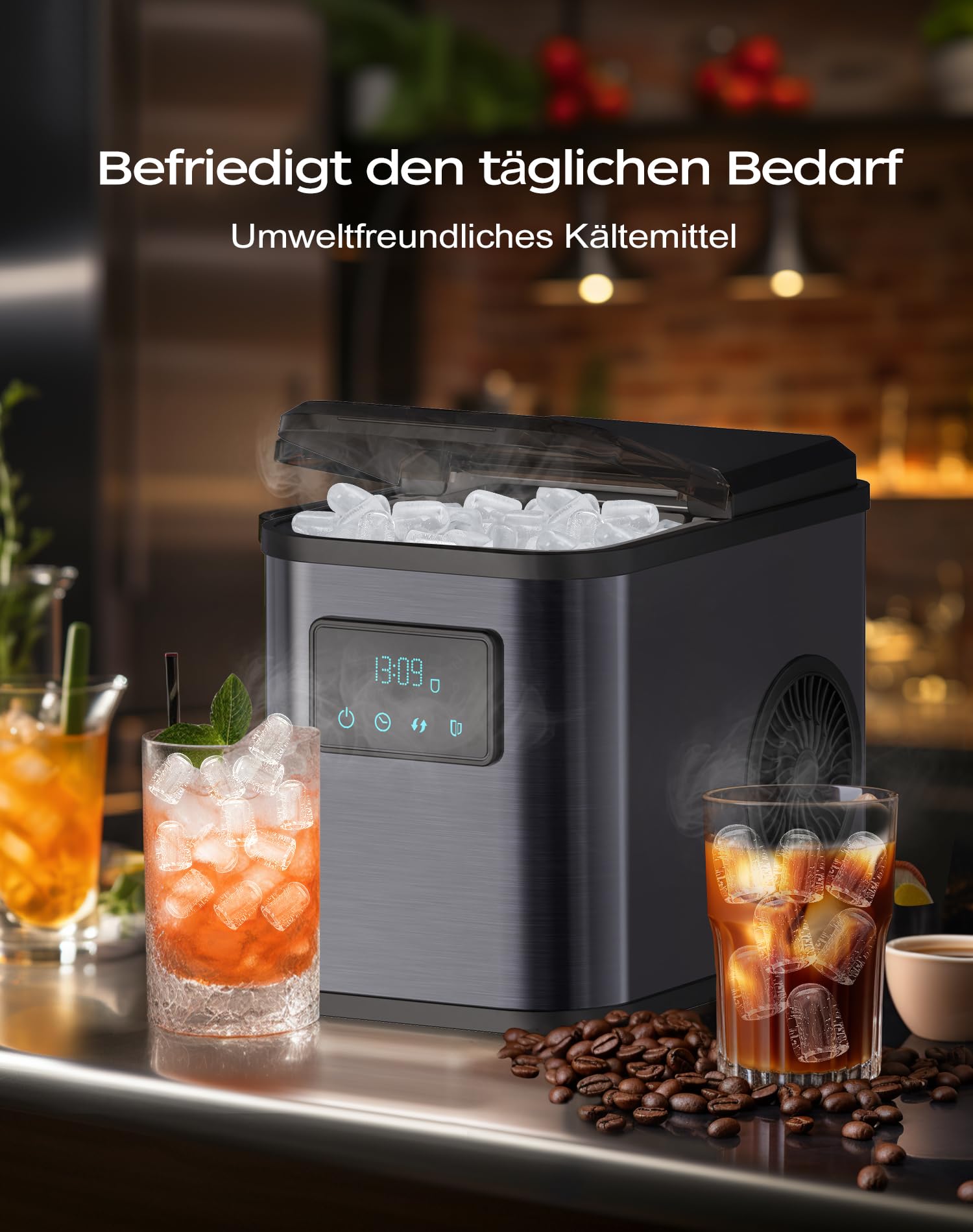 Edelstahl Eiswürfelmaschine mit LED-Display Eismaschine Eiswürfelbereiter und Reinigungsfunktion 2L Wassertank inklusive Eisschaufel und Korb 2 Eiswürfel Größen für Küche, Büro, Bar und Party