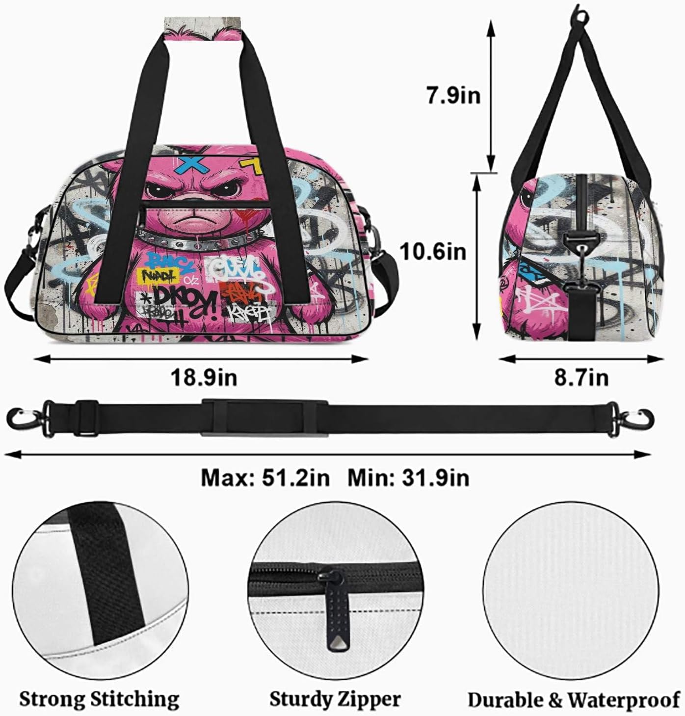 Vintage 90s Hip Hop Graffiti Print 18.9 Inch Large Carry On Travel Duffel Bag for Weekend Getaway & Overnight Trip (06)