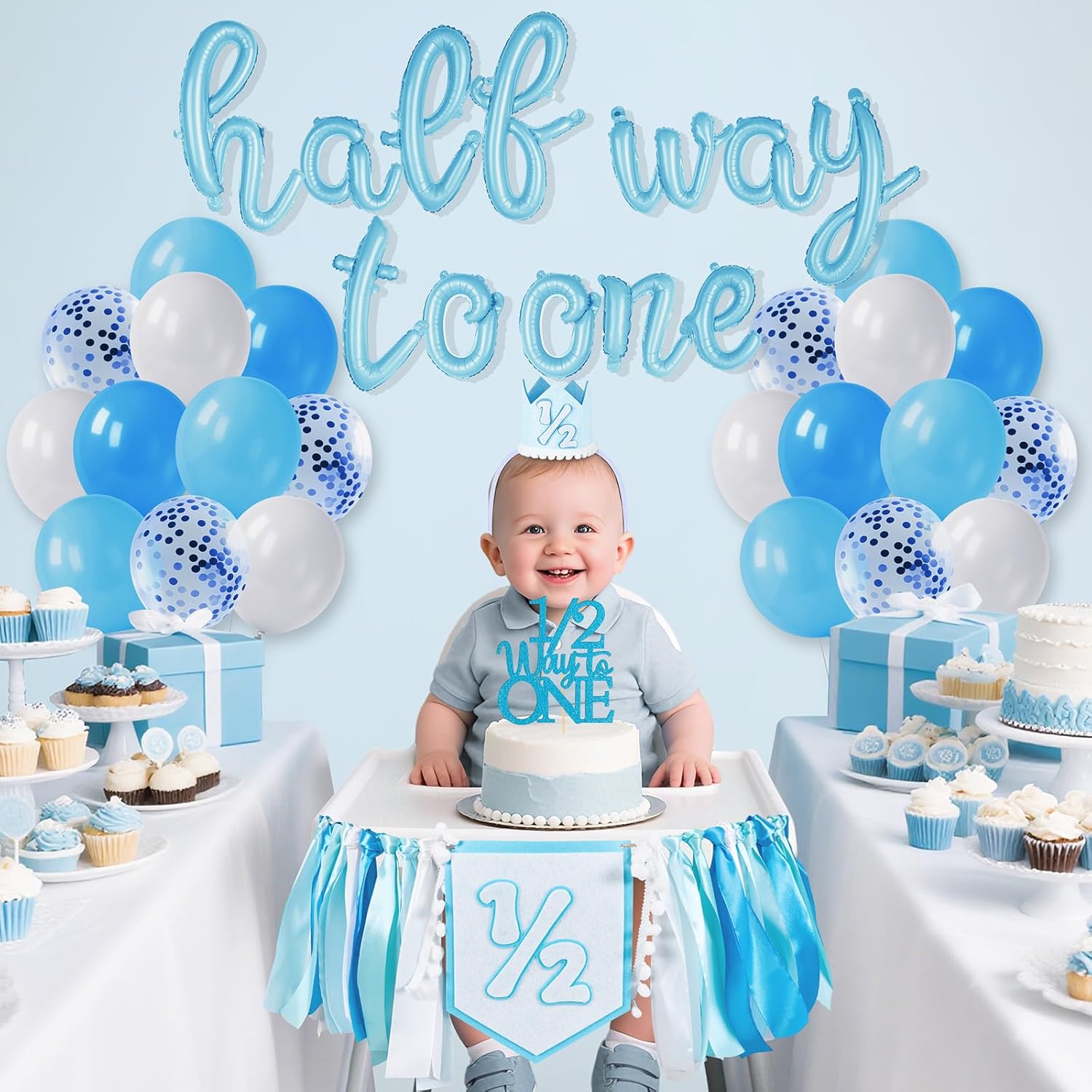 1/2 Birthday Boy Decorations, Half Way To One Baby Boy Set with Foil Banner, High Chair Banner, Balloons, Crown, 1/2 Cake Topper for Baby Shower Birthday Party Photo Props Decor (Blue) - Image 4