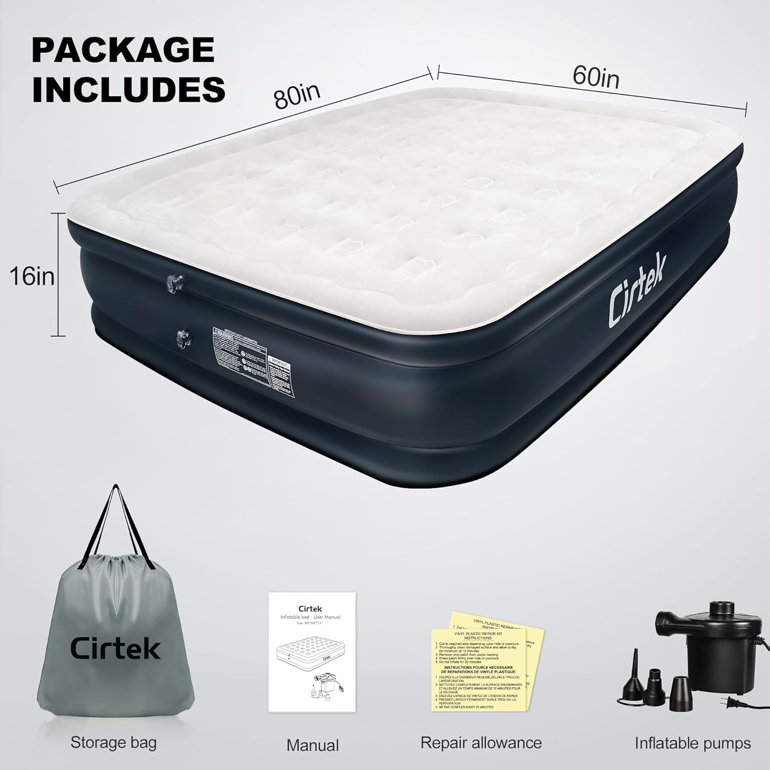 Cirtek Inflatable Mattress, inflatables Bed, Camping, Travel, Tent Portable Size Lightweight Matress, Easy to Sleeping, Configuration Blow Pump (16 Queen)