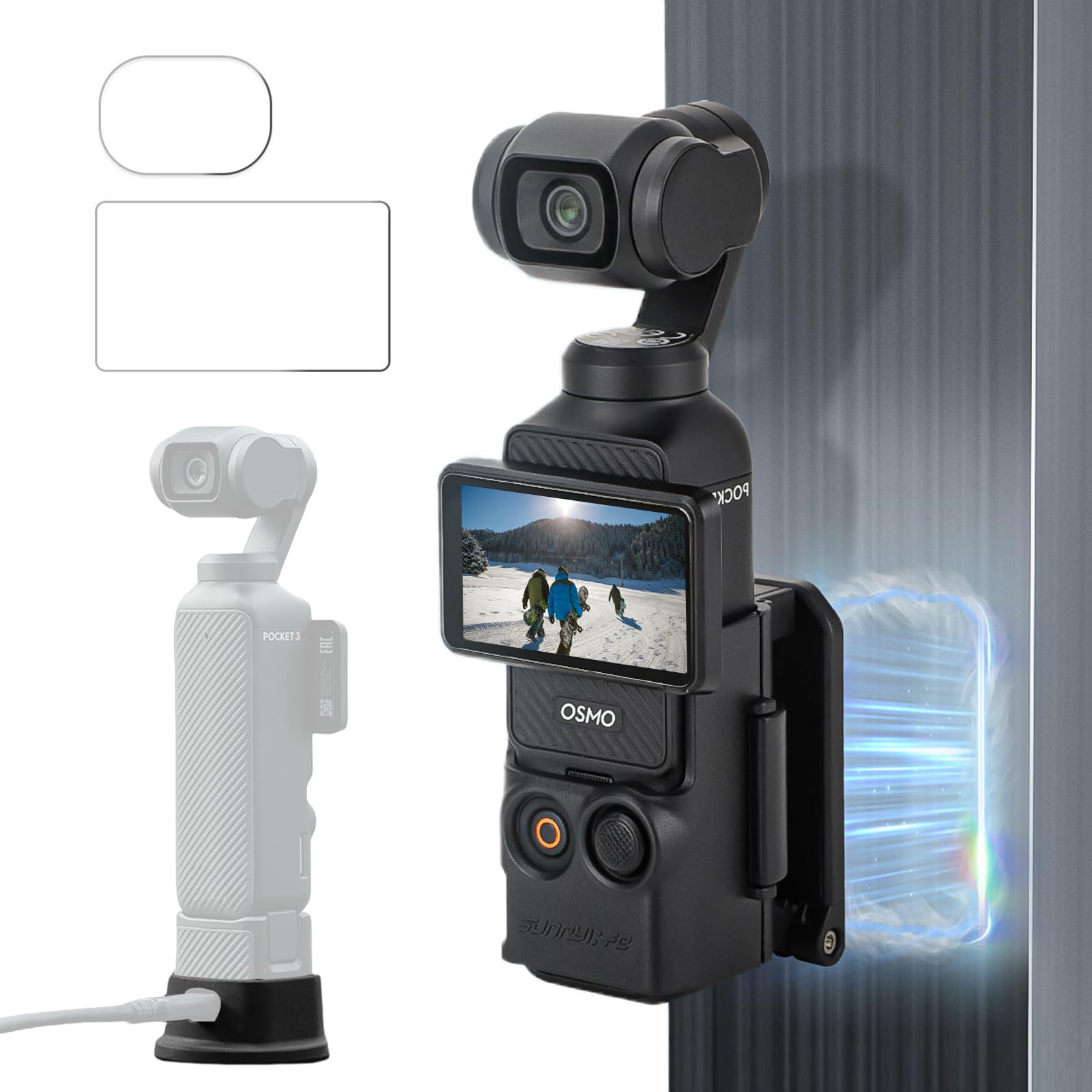 NKSRCP Magnetic Mount Stand Compatible with DJI Osmo Pocket 3,Magnet Bracket Expansion Adapter Holder Pocket3 Accessories,Support Base Holder with Charge Hole+Osmo Pocket 3 Tempered Glass