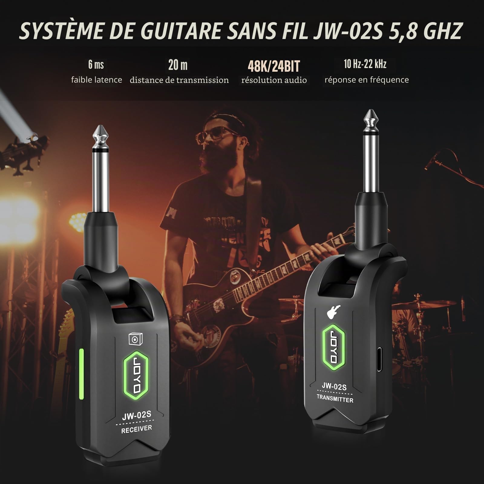 JOYO Système Guitare sans Fil 5.8 GHz - Émetteur-Récepteur Rechargeable 4 Canaux pour Guitare/Basse, Portée 20m (JW-02S)