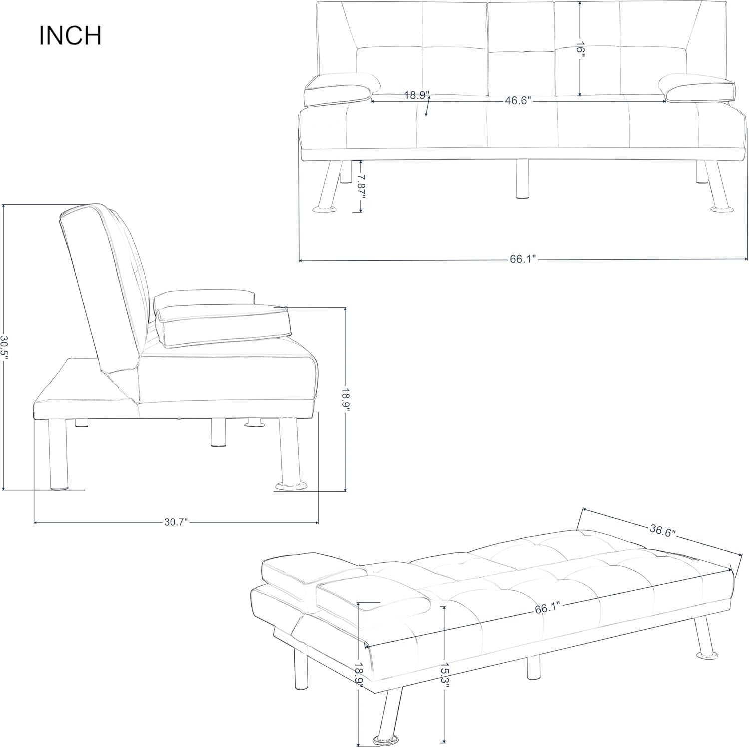 Modern PU Futon Set Convertible Recliner Sleeper Fold Up Down Loveseat Reversible Daybed Guest Bed 3 Angles Adjustable (Brown)