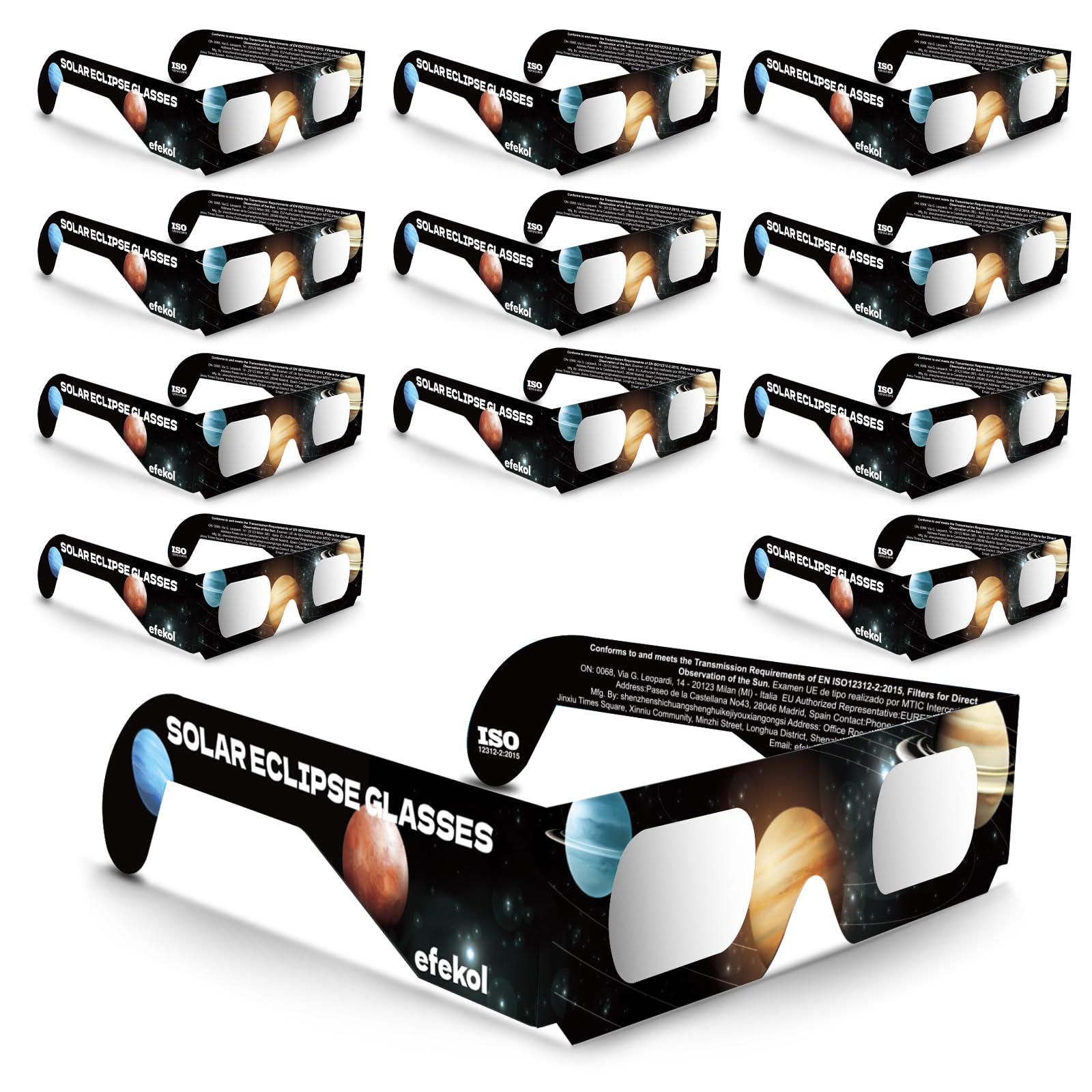 efekol Gafas Eclipse Solar Homologadas (12 Pack) - Certificación CE y EN ISO 12312-2 para Observación Segura del Sol - Eclipse Total 12 de Agosto de 2026 (Total en España, Parcial en Europa)