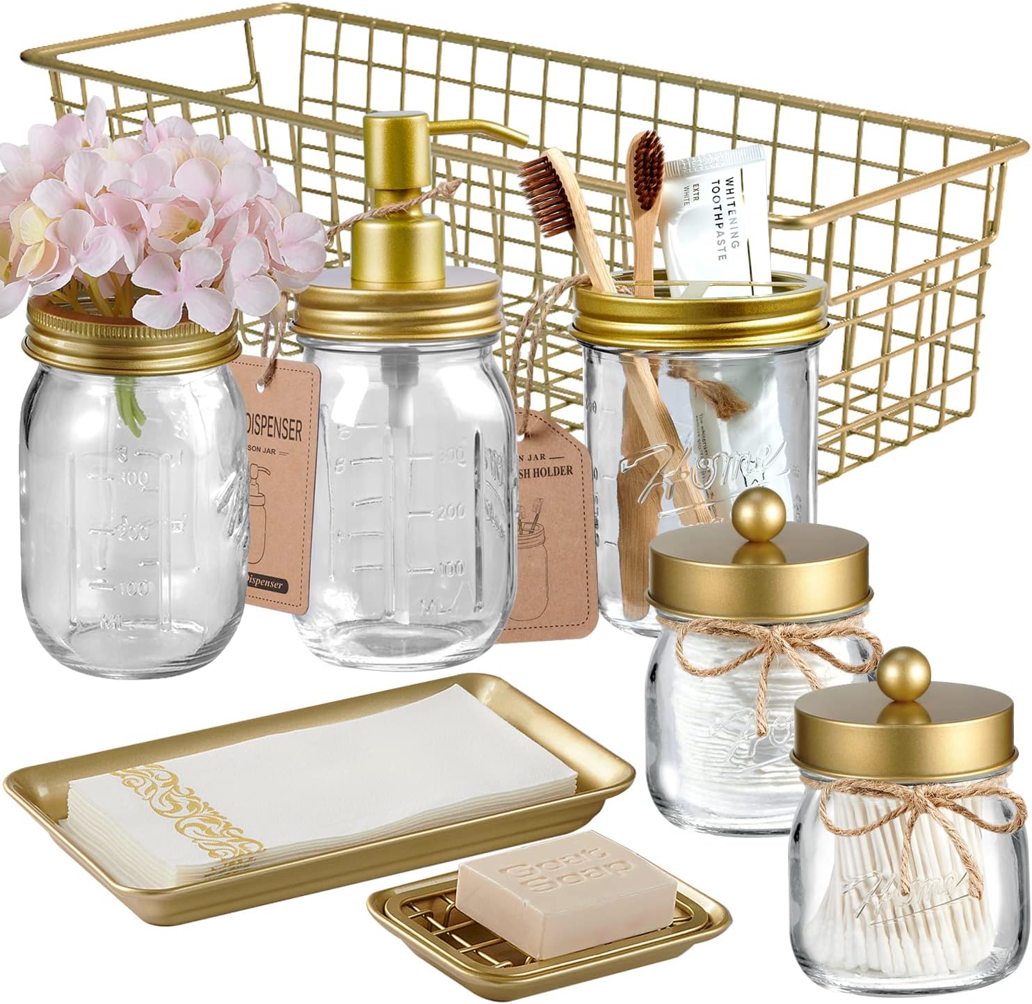 SheeChung Mason Jar Bathroom Accessories Set 8 Pcs - Lotion Soap Dispenser,Toothbrush Holder,2 Apothecary Jars, Flower Vase,Soap Dish,Vanity Tray,Toilet Paper Holder Storage Bin,Farmhouse Decor (Gold)
