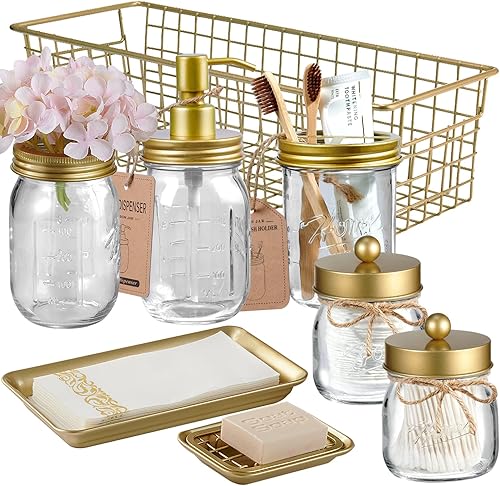 Juego de accesorios SheeChung con tarros Mason, 8 piezas, dispensador de jabón y loción, soporte para cepillo de dientes, 2 frascos de boticario,