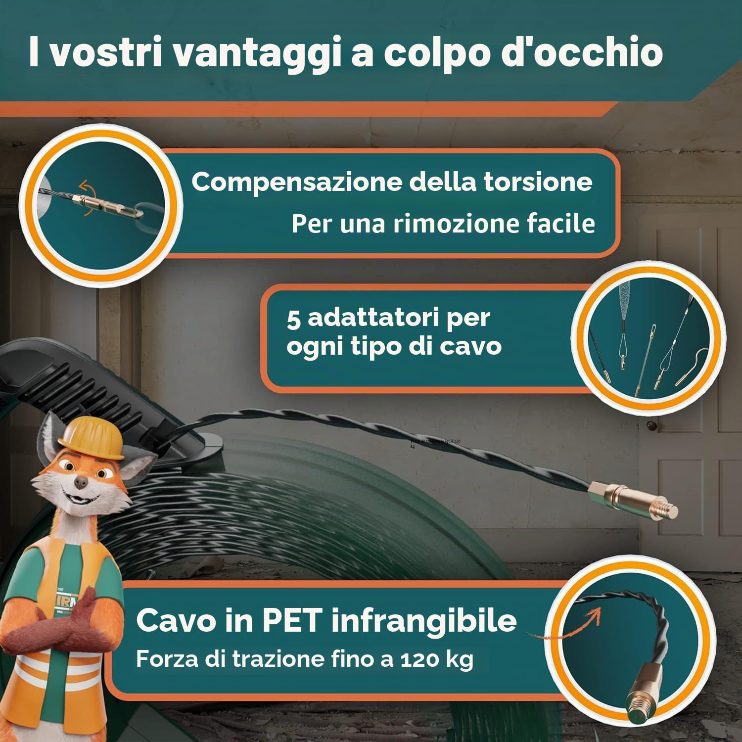 La sofisticata sonda passacavi 30M per tubi vuoti di FAIRMO - Molla elettricista in PET da 4 mm incl. 5 adattatori - Sonda elettricista infrangibile - Sonda tiracavi per un lavoro pulito
