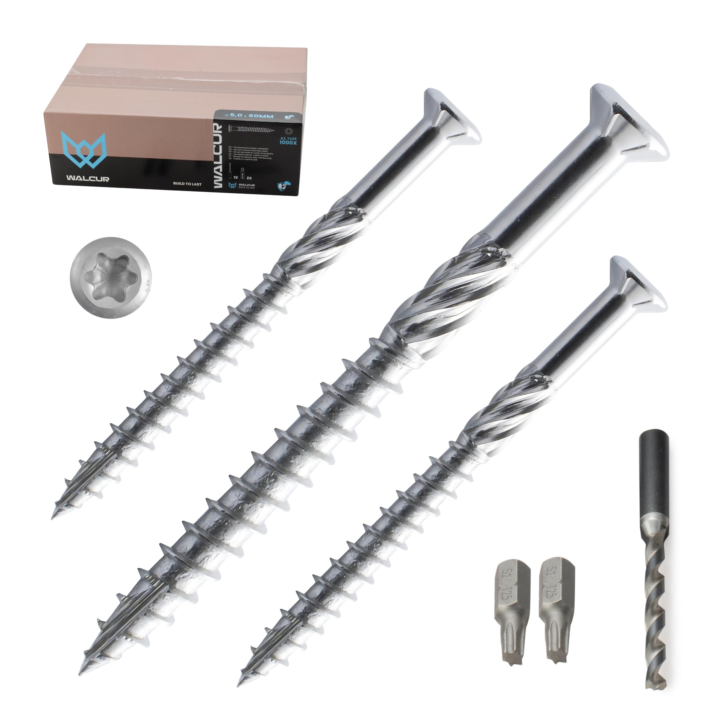 WALCUR Tornillo Para Terraza 5.0 x 60mm Tornillo Para Tarima de Acero Inoxidable Autoperforante Paquete de 1000 Unidades con 2 Bits Torx y 1 broca, juego de tornillos para madera de alta resistencia.
