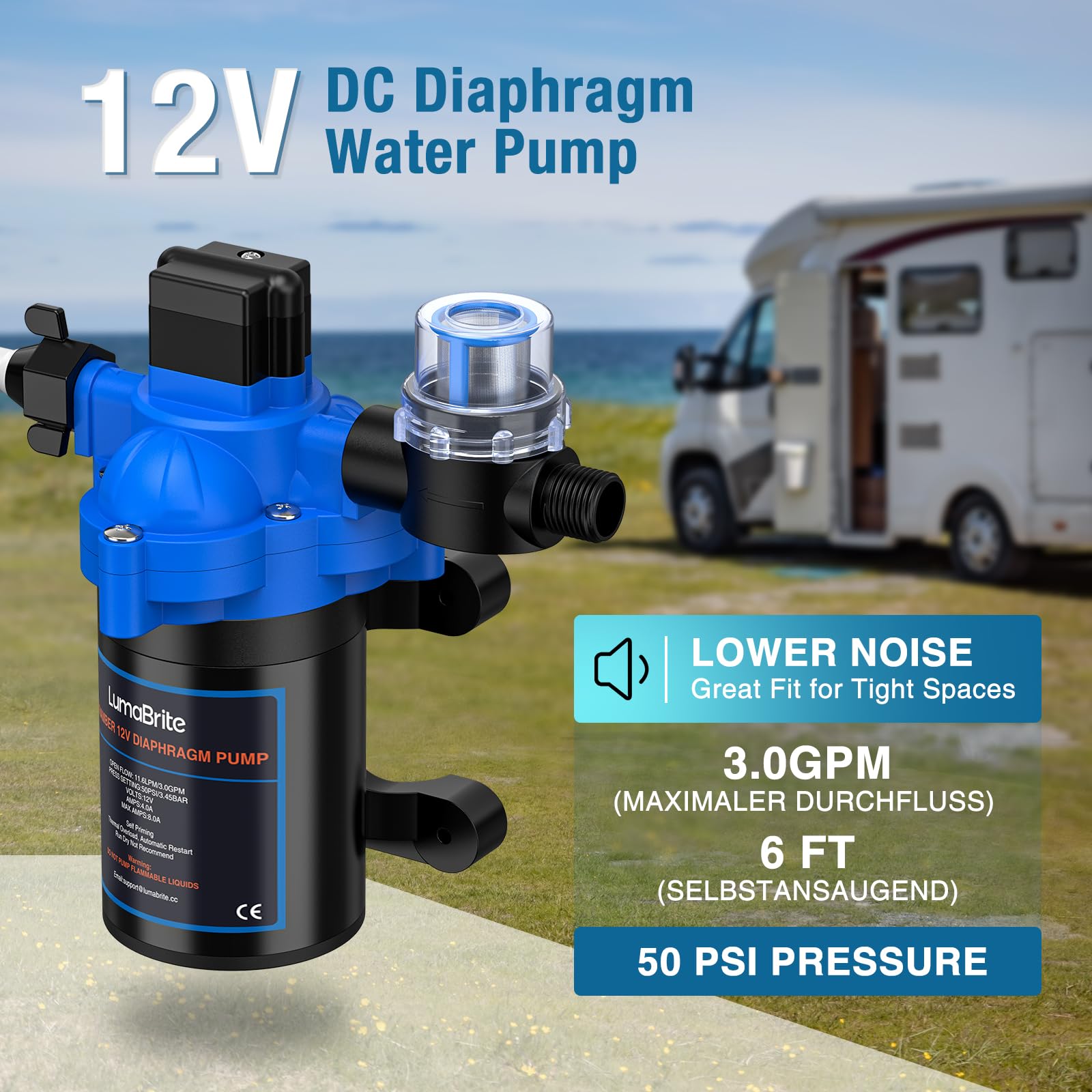 Bomba de Agua 12V, 3.0 GPM 50 PSI Bombas de Agua Sumergibles 12V DC Interruptor de Presión Automático Ajustable para RV, Yate, Jardín, Autocaravana