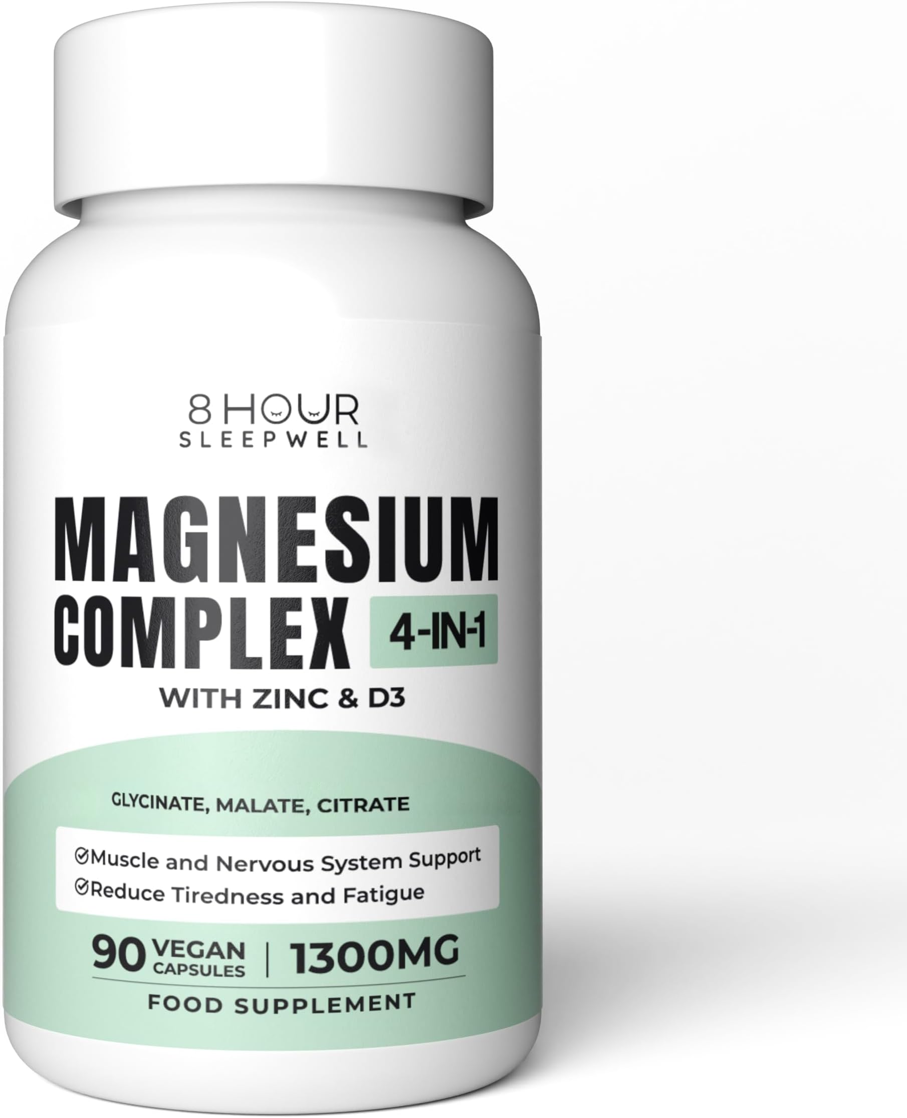 Magnesium Glycinate with Zinc & Vitamin D3 | 4 in 1 Complex | 1300mg Magnesium Supplements (Bisglycinate, Citrate & Malate) | 90 Vegan, Gluten-Free Capsules | High-Strength & Absorption