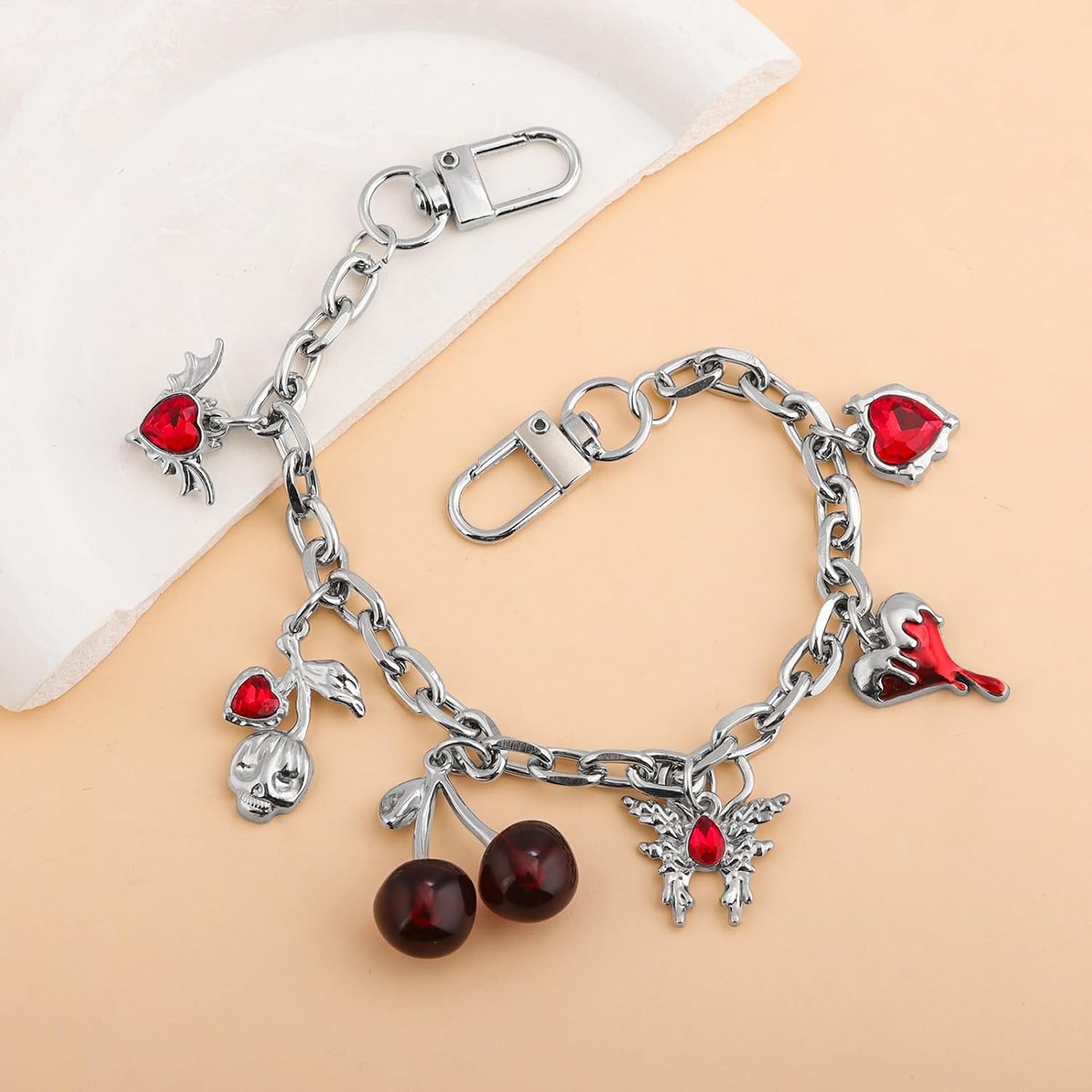 Gothic Cherry Bag Charm Keychain – Y2K Punk Skull Butterfly Heart Pendant – Accessory for Women's Handbags Wallet image 2