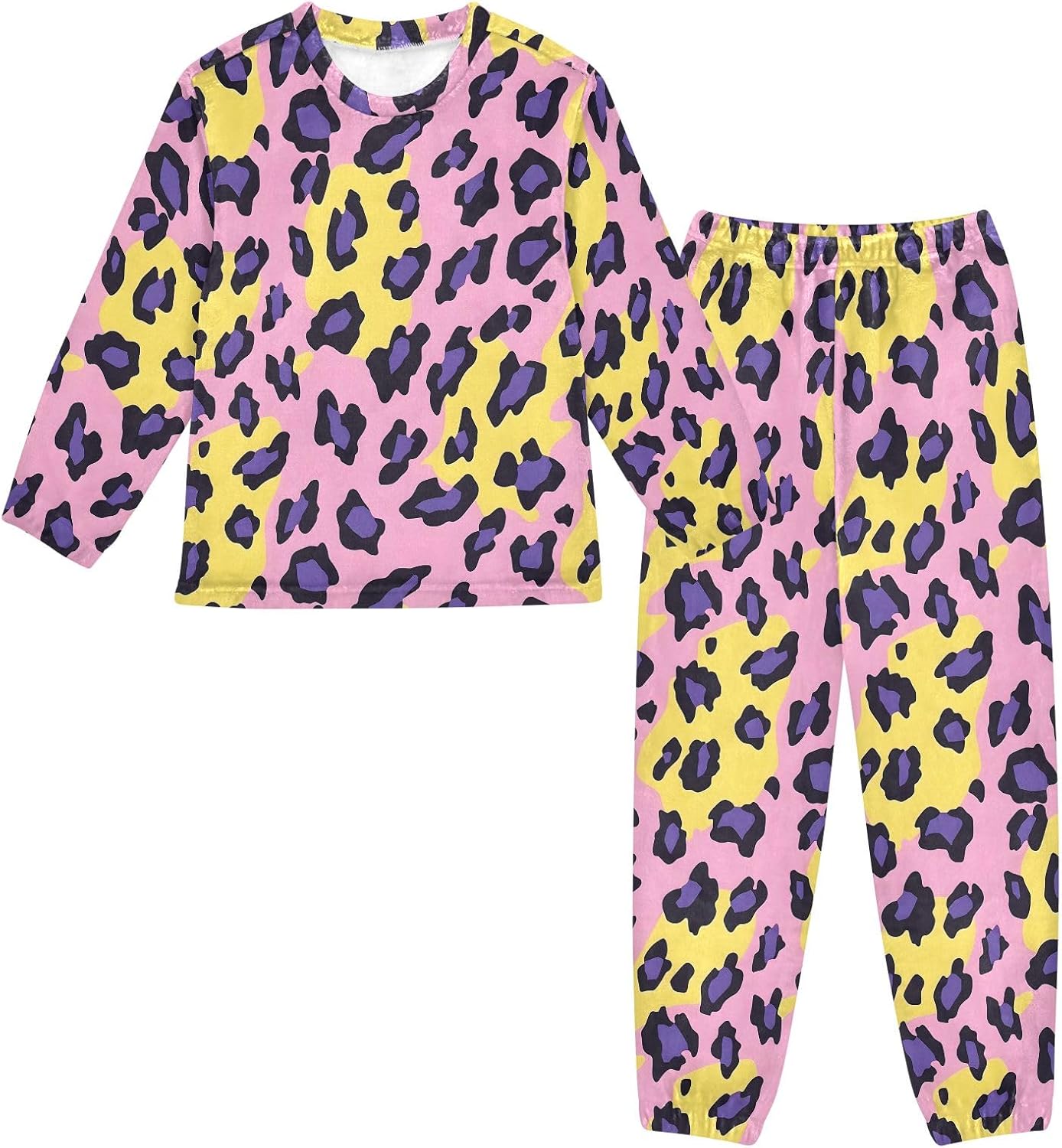 Kids Flannel Sets Yellow Purple Leopard Print Warm Plush Relaxed Clothing for Boys and Girls