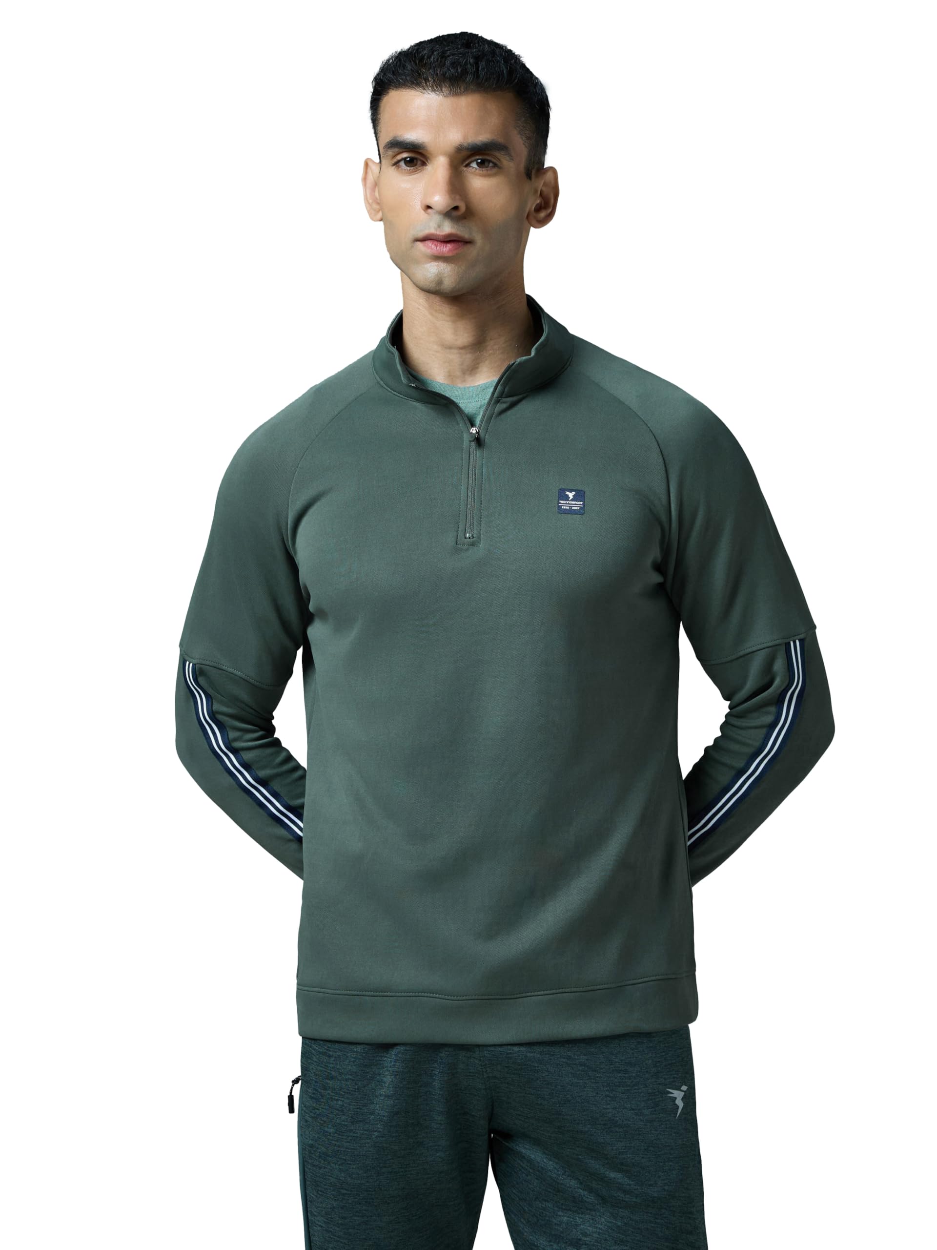 TECHNOSPORT Men's Slim Fit Mock Neck SOID Sports Sweatshirt with Elasto Plus-image-7