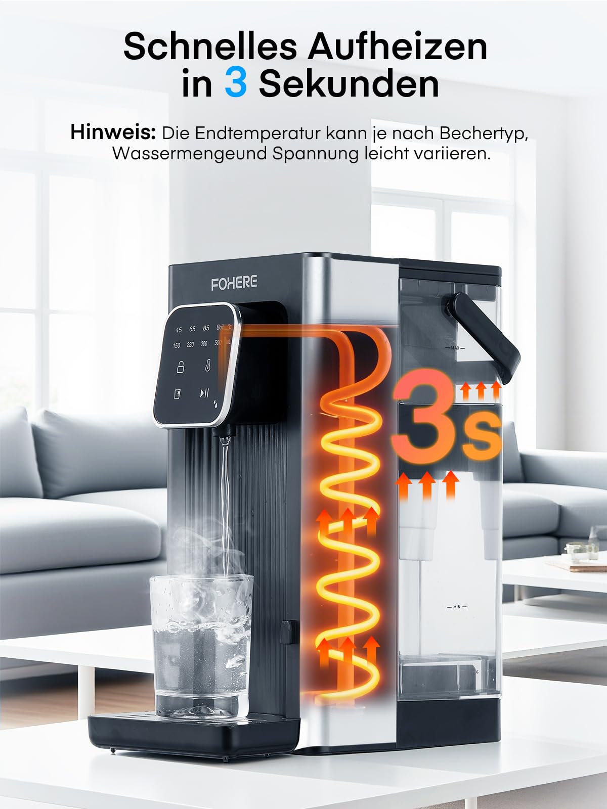 Heißwasserspender, 2600W Heißes Wasser in Sekunden, 4 Temperaturstufen, 4 Wassermengen, 2.5L Tank, Kompakt & Energieeffizient, Digitaler Touchscreen, Hitzeschutz-Kindersicherung, für Küche, Büro
