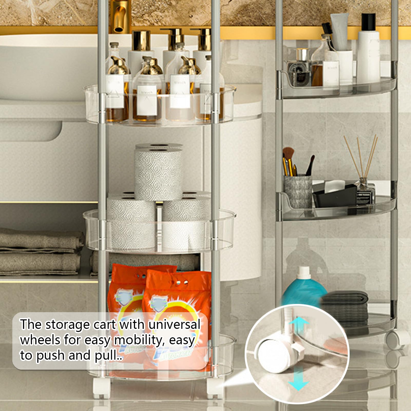 Carrello portaoggetti rotondo a 3 livelli con ruote, carrello portaoggetti mobile per cucina, bagno e lavanderia, scaffale grigio, soluzione versatile per scaffalature