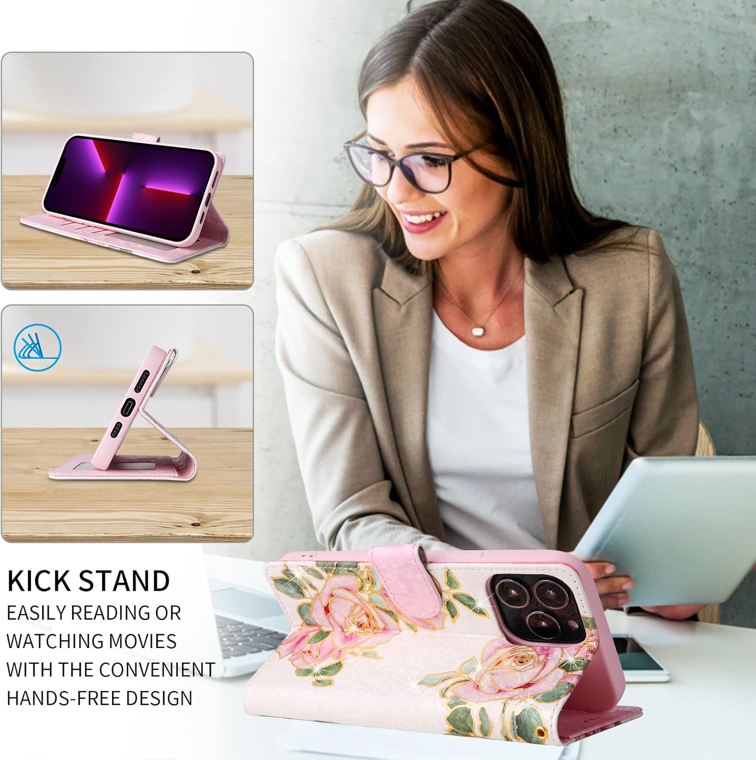 UEEBAI Wallet Case for Samsung Galaxy S22 Ultra 5G, PU Leather Kickstand RFID Blocking Flip With Card Slots, Wrist Strap, Relief Engraved Pattern, Magnetic Closure - White Rose Flower Folio - Image 6