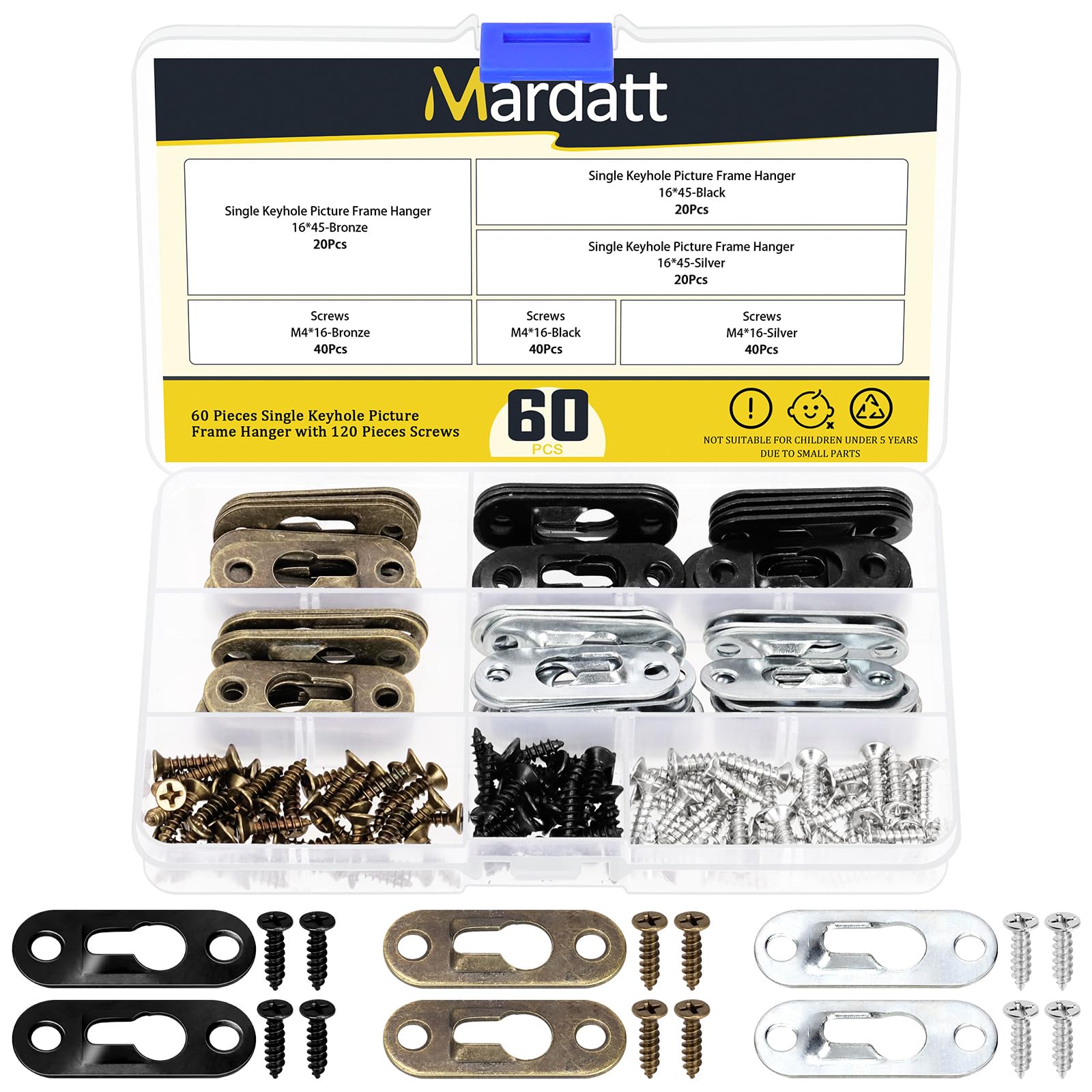 Mardatt 60 Set 16 x 45mm Keyhole Hangers Kit, Black/Bronze/Silver Mirror Picture Frame Hanger