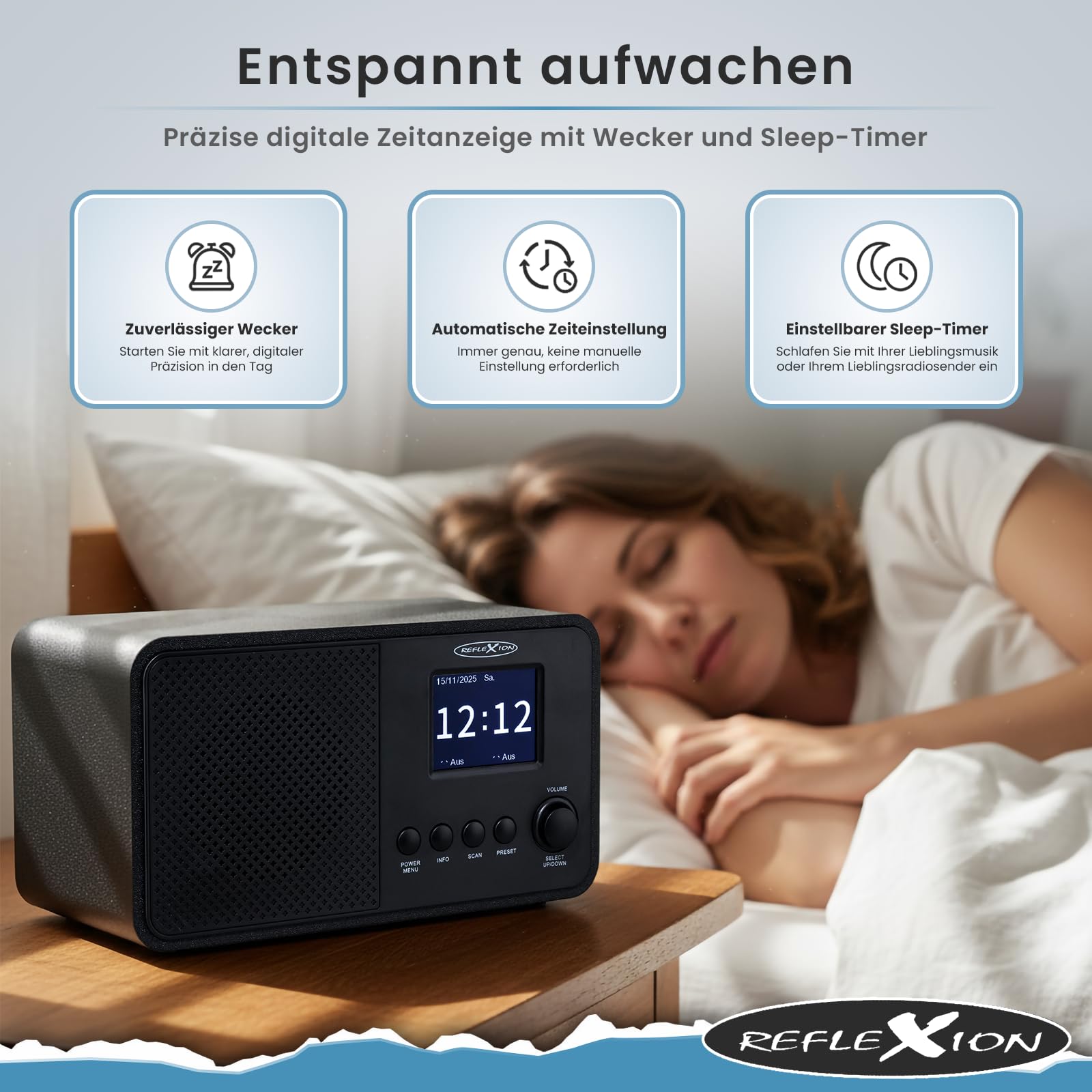 Reflexion Radio DAB+ con Bluetooth, sveglia e display a colori, radio digitale con USB, AUX-IN, antenna telescopica e 40 stazioni memorizzate, potenza musicale da 40 W, display TFT da 2,4", compatto e