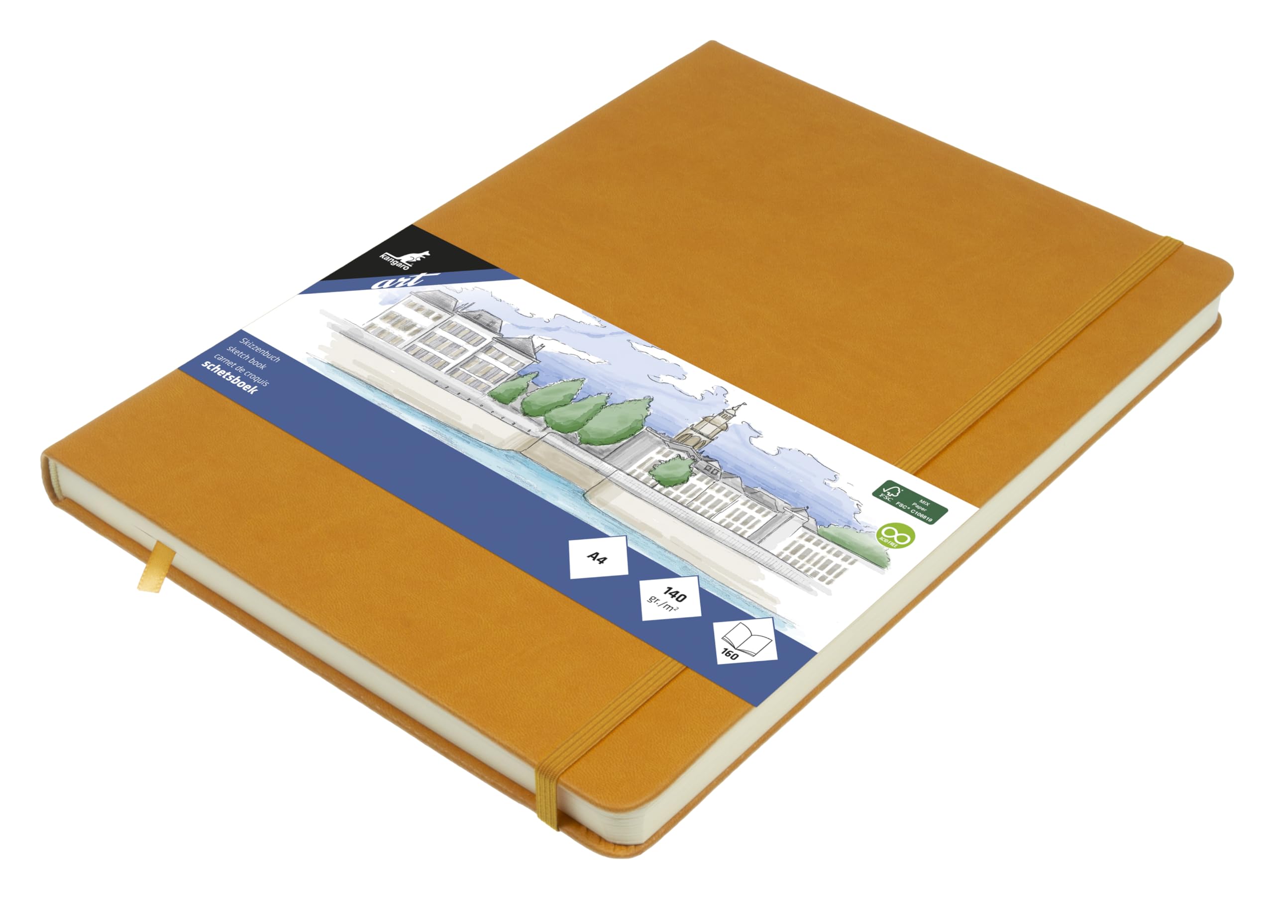 Kangaro Art Sketchbook A4 Ochre Yellow PU Hard Cover 80 Sheets 140 g Cream Paper