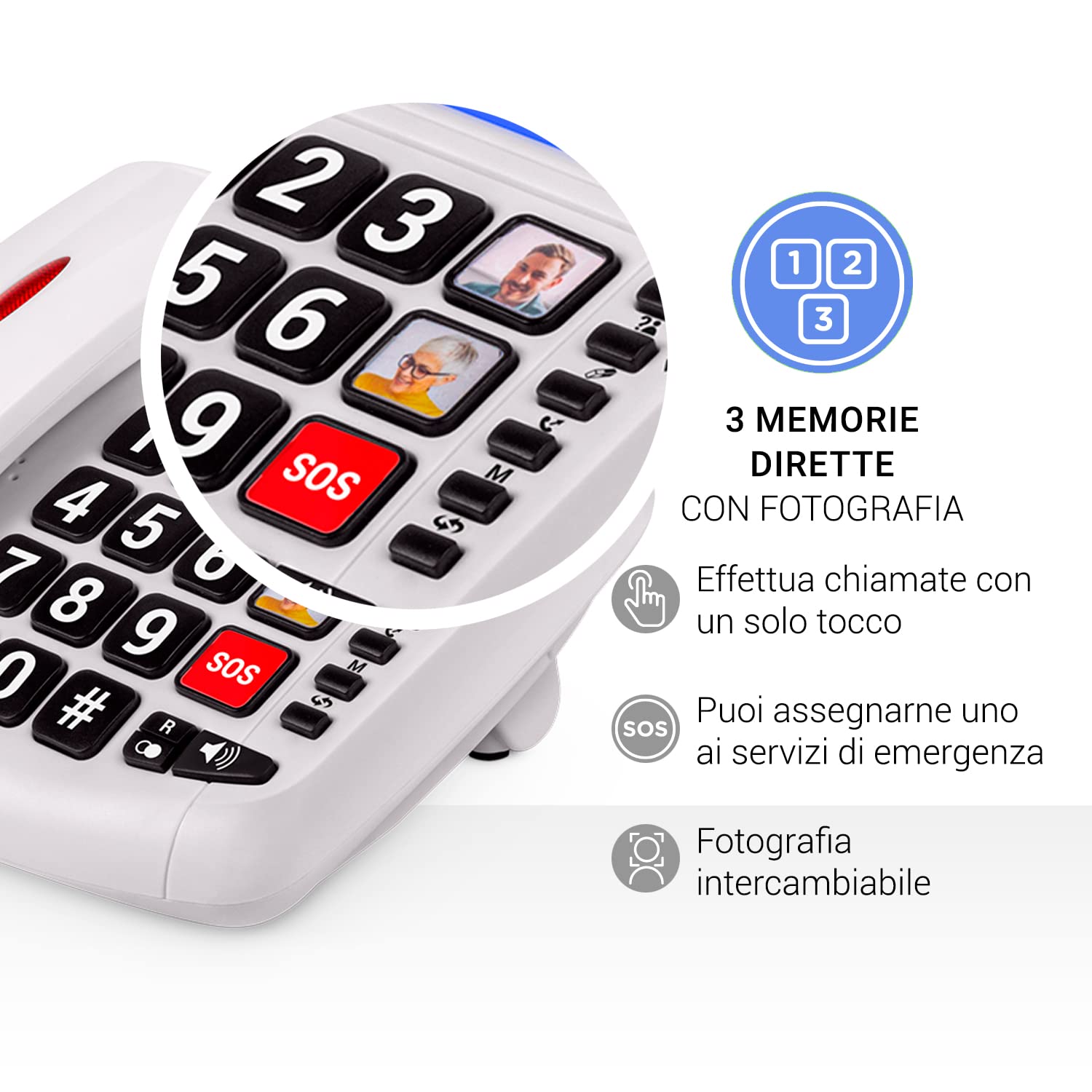 SPC Comfort Volume 2 - Telefono fisso per anziani con tasti grandi, amplificatore volume per auricolari, compatibile con apparecchi acustici, 3 memorie dirette, ID chiamante e segnale luminoso