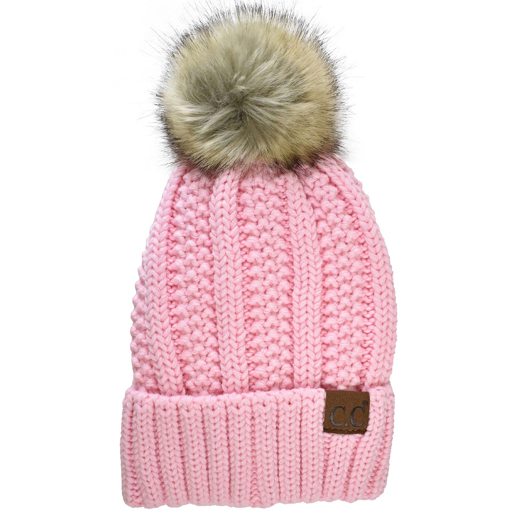 C.C. Thick Cable Knit Faux Fuzzy Fur Pom Beanie