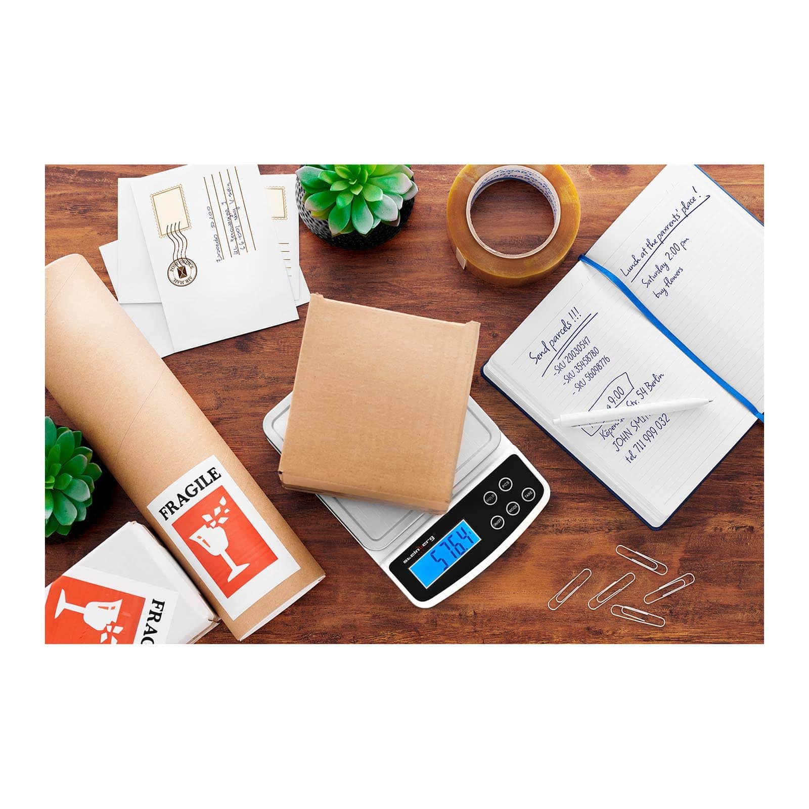 Steinberg Systems SBS-LW-5000/100 waga pocztowa, waga do paczek, waga cyfrowa (5 kg/0,1 g, 2 x AAA, 15,2 x 15,2 cm, wyświetlacz LCD)