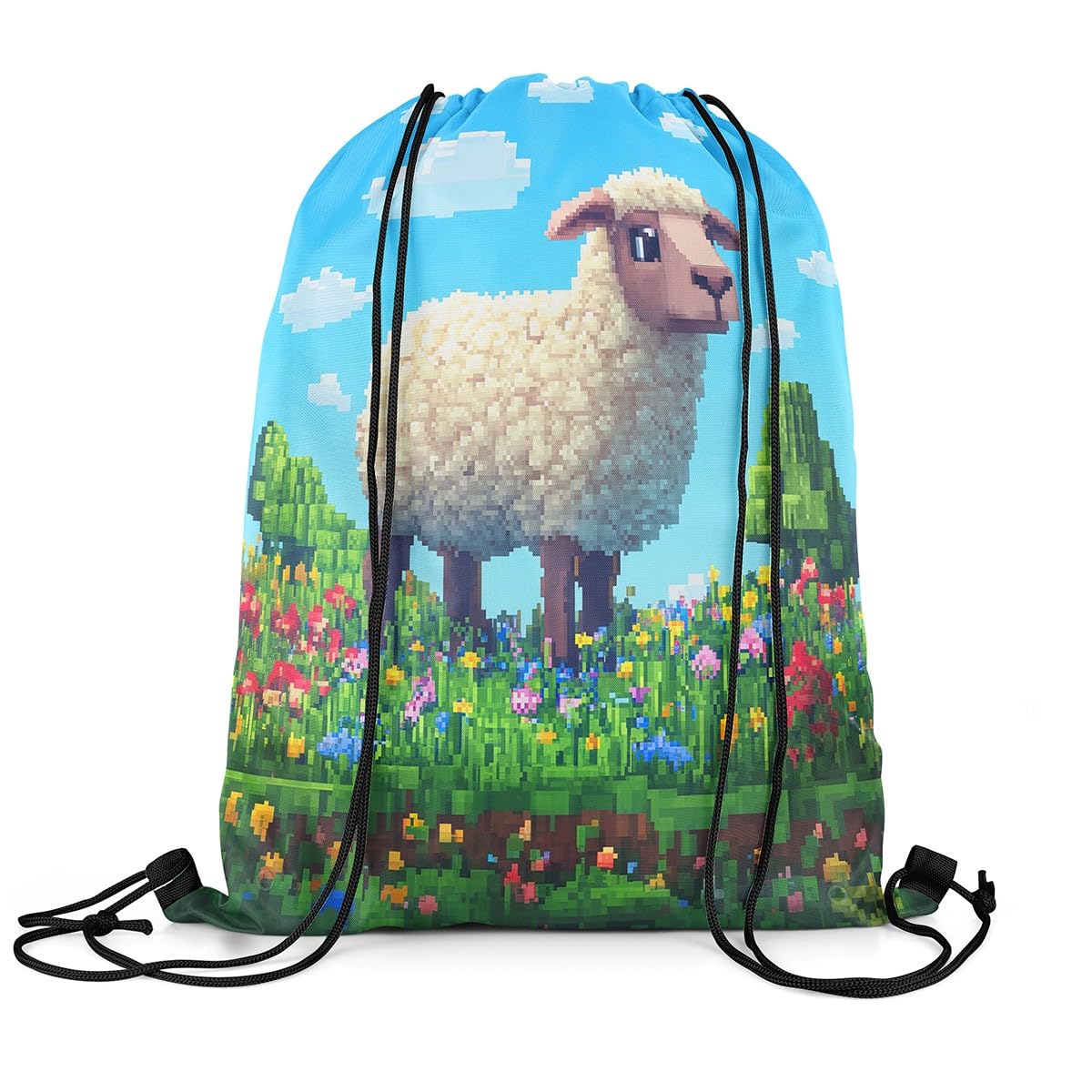 Castle Fairy Cute Sheep Waterproof Drawstring Backpack,Pixel Style Farm Animals Drawstring Bag,Colorful Floral Geometric Games String Bag for Gym Shopping Sport Yoga