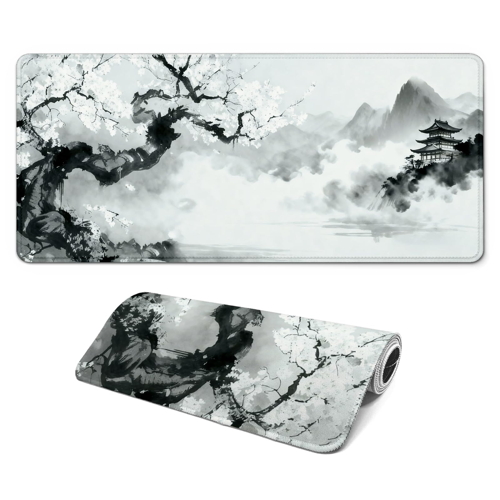 Gaming Mouse Pad with Anti-Slip Rubber Base, Extended Large Computer Mouse Mat with Stitched Edges, Long XL Anime Mousepad for Laptop and Keyboard, 31.5 x 11.8 inch (Japanese Cherry Blossom)