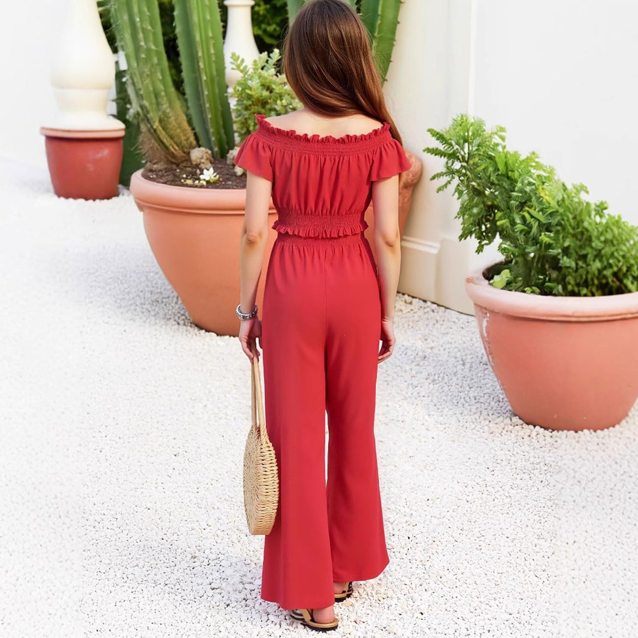 Completo Estivo Bambina, Top con Spalle Scoperte, Maniche con Volant e Vita Stretta + Pantaloni Elasticizzati a Vita Alta e Gamba Larga, Abbigliamento Bambina, Rosso 8-12 Anni
