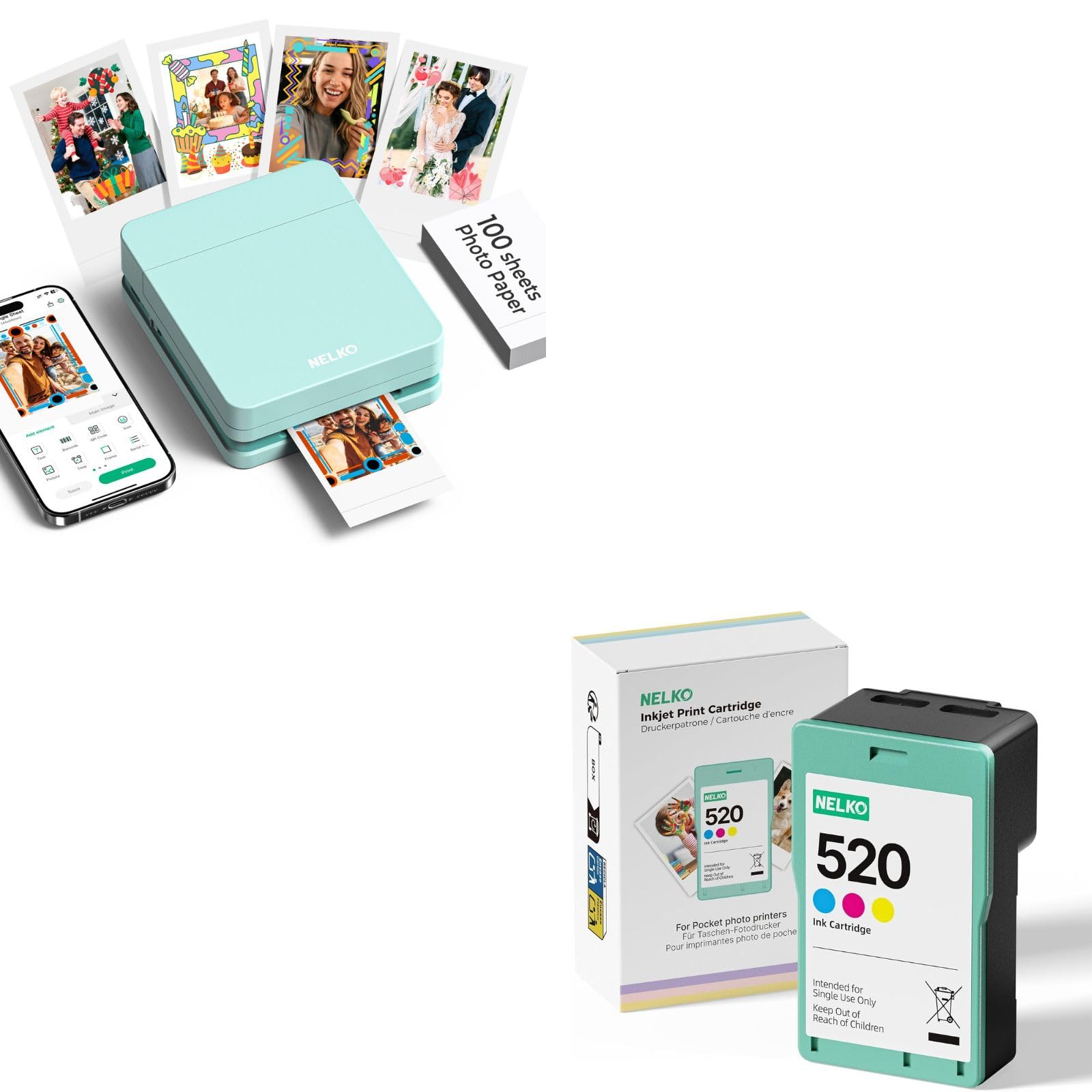 Nelko PP01 Imprimante Photo Verte, 100 Feuilles Papier Photo+ Lot 520 Cartouches d'encre
