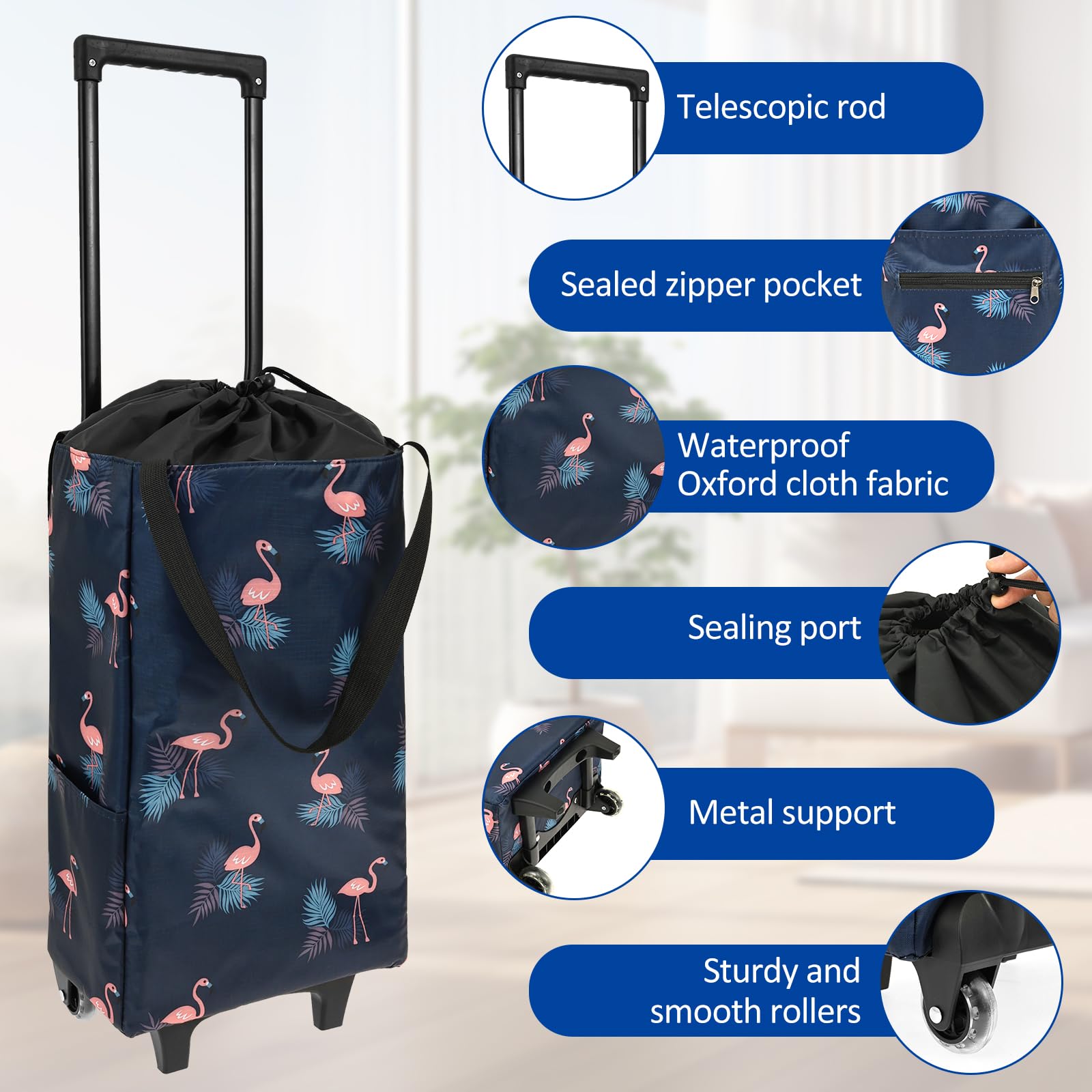 Bolsa de la compra plegable, carrito de la compra, carrito para escaleras robusto y resistente a la intemperie, con ruedas silenciosas (flamenco)