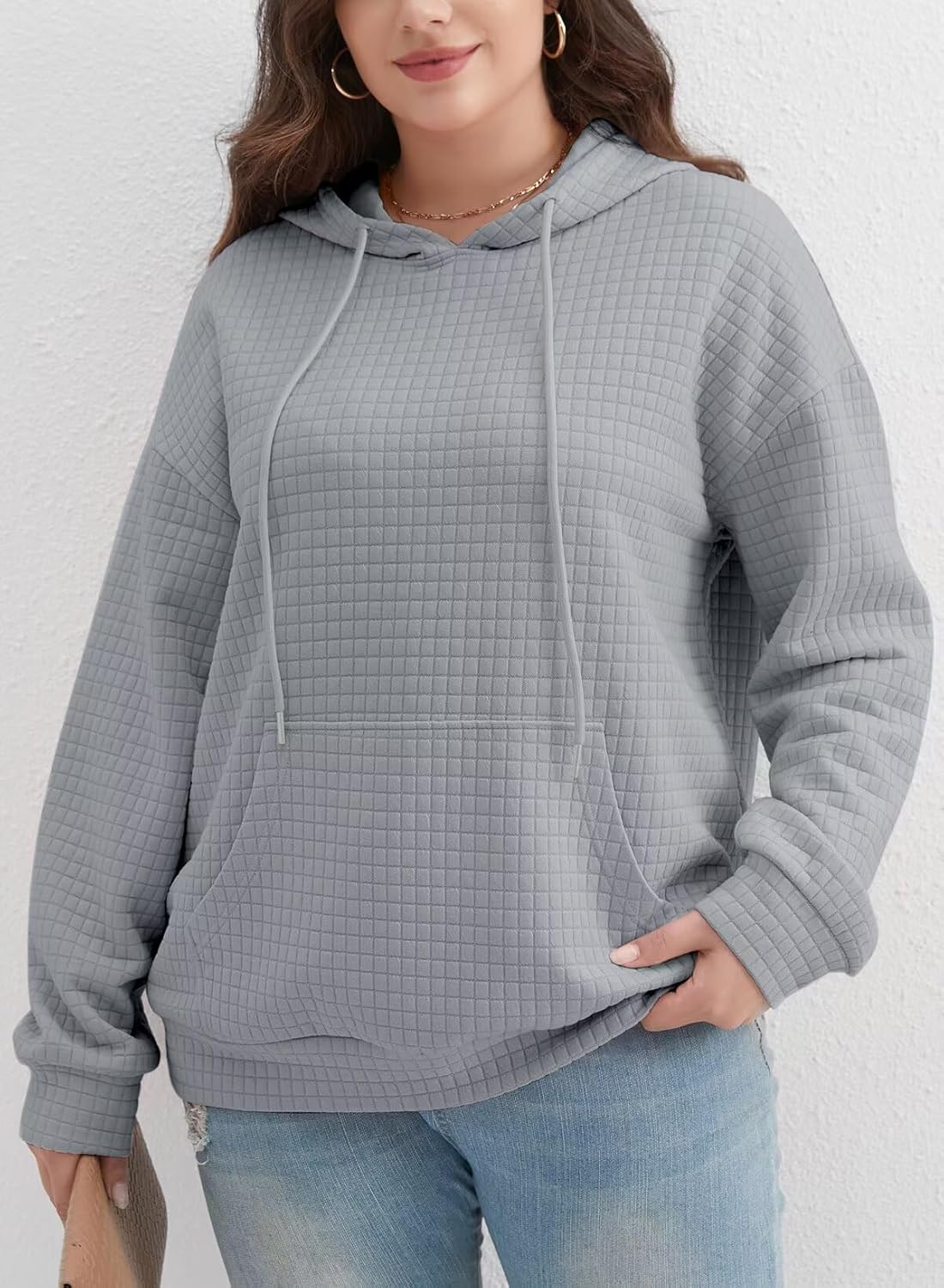 Womens Plus Size Tops Fashion 2026 Spring Hoodies Sweatshirts Drawstring Long Sleeve Waffle Knit Pullover Sweatshirt - Image 3