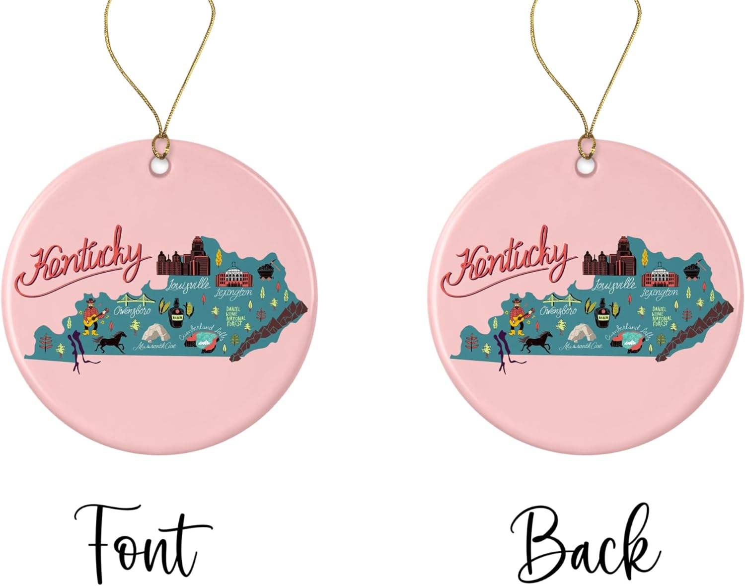 PTDShops Kentucky State Ornament, State USA Ornament, Travel Souvenir Collection USA, America Christmas 2023, Xmas Tree Hanging Decorations, USA State Souvenir Ceramic Ornament Printed on Both Sides - Image 2