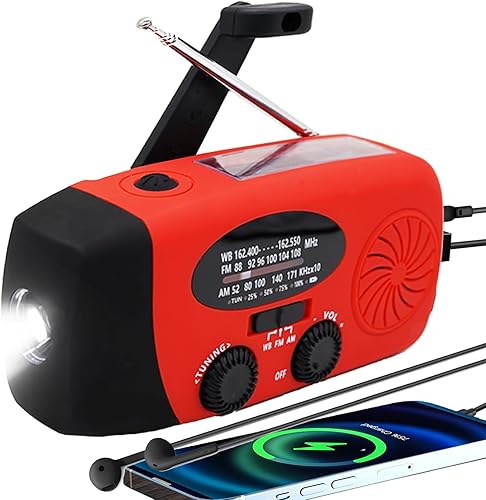 Radio de manivela solar de emergencia mejorada con linterna LED, radio meteorológica portátil Am Fm NOAA, cargador de teléfono celular de