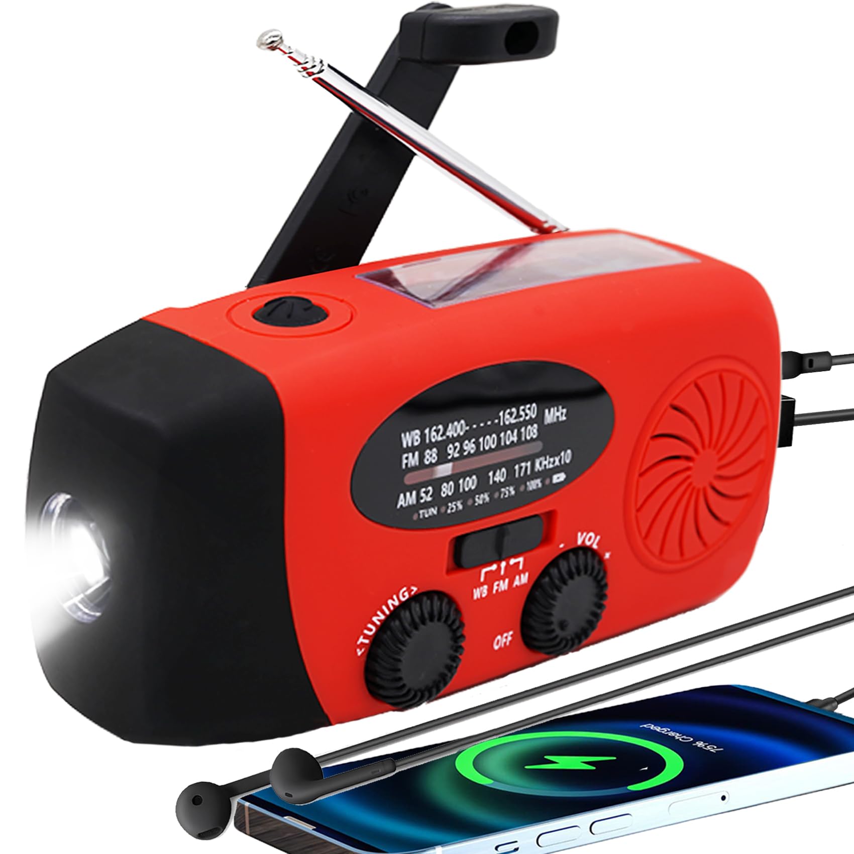 Upgraded Emergency Solar Hand Crank Radio with LED Flashlight, Portable Am Fm NOAA Weather Radio, 2000mAh Solar Power Bank Cell Phone Charger for Home and Outdoor（Red）-image-41