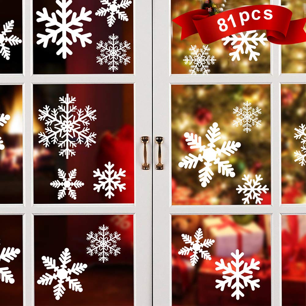81PCS Christmas Ornaments Snowflakes, PVC Snowflakes Window Stickers Pictures for Christmas Decoration, DIY Xmas White Snow Clings Winter Decor for Doors Shop Windows Glass Cabinets, Glass Fronts