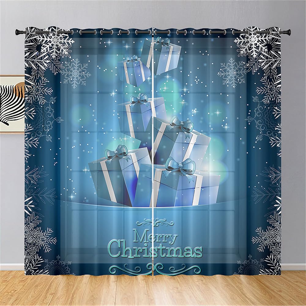 Surwin Feliz Navidad Translucidas Cortinas Salon, 2 Piezas Cortina con Ojales, Navidad Cocina Dormitorio Cortinas y Moderno Visillos Visillos Cortos para Ventanas (107x160cm,Navidad Azul)