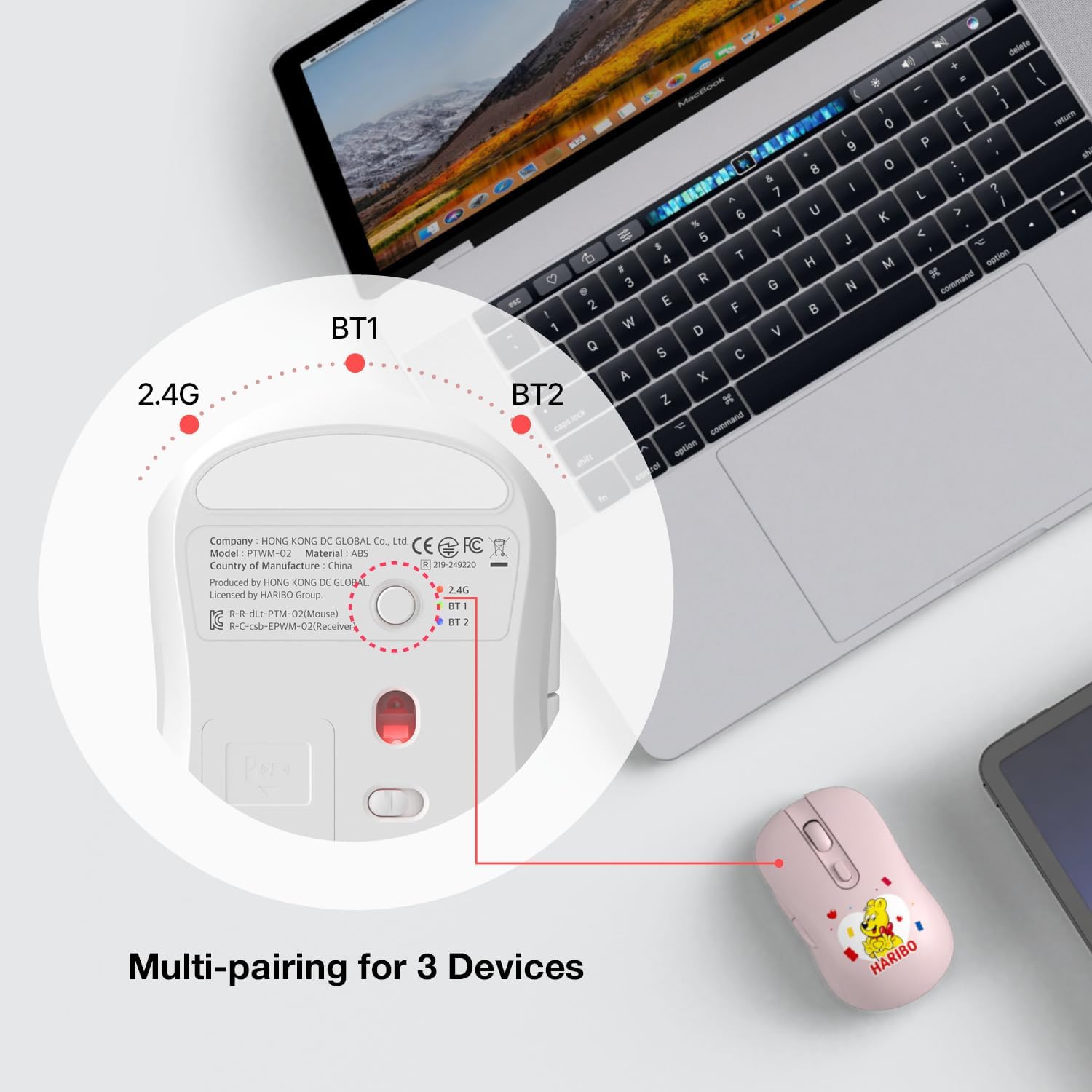 Bottom of the mouse showing 2.4G, BT1, BT2 switch, next to a laptop and tablet