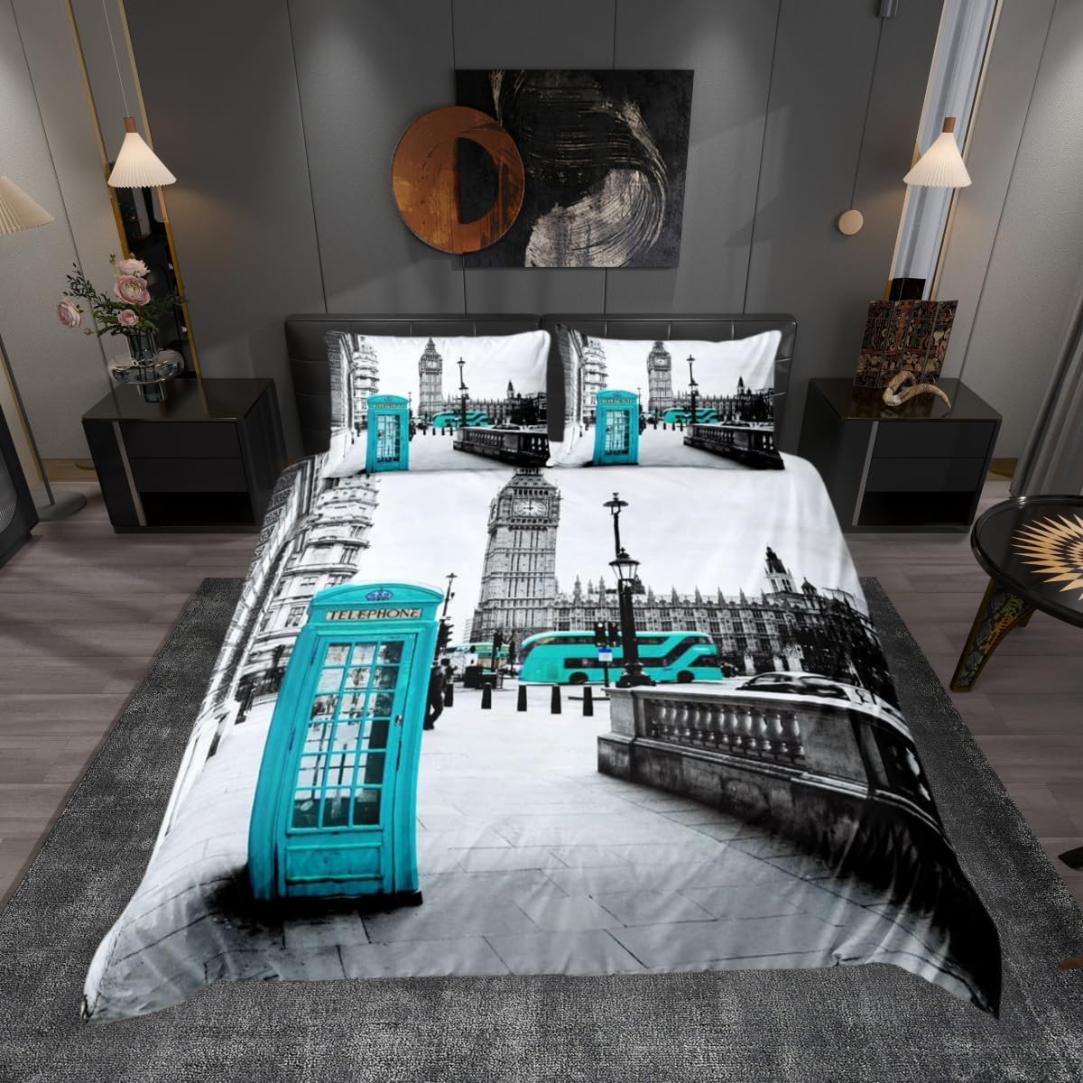 feelingyou London City Comforter Covet Double,Retro Grey Street Scenery Duvet Cover with 2 Pillowcases,Blue Telephone Booth Bus Polyester Bedding Set for Boys Teens Bedroom Decor