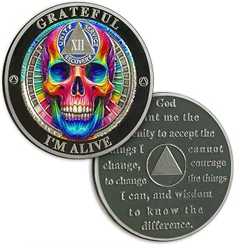 Rainbow Skull 12 Year Sobriety Coin Grateful Im Alive AA Coin - AA Chips and Medallion, Twelve Years Recovery Anniversary Token with Serenity Prayer, Sobriety Gifts for Men Women