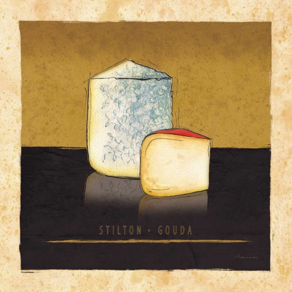 Bild auf gerollter Leinwand, Käse II Laliberte Andrea, quadratisch, Kunstdruck, gelbbraun, cremefarben, Käse, Stilton Gouda, gemischte Medien, 66 x 66 cm